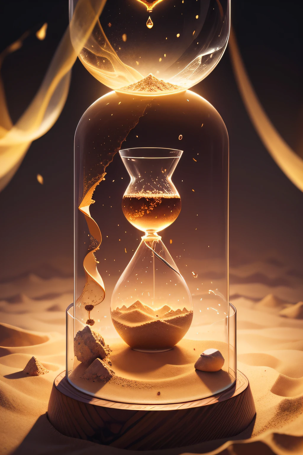 Imagine an ancient hourglass slowly releasing sand, symbolizing the end of time. and in the background, there is a beautiful realistic image of Jesus Christ, radiating love and compassion