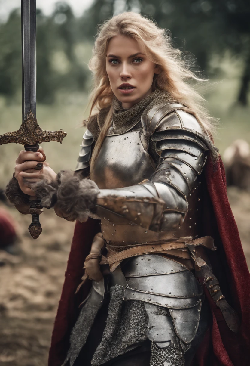 Blondy womans in armor fight sword Middle Ages