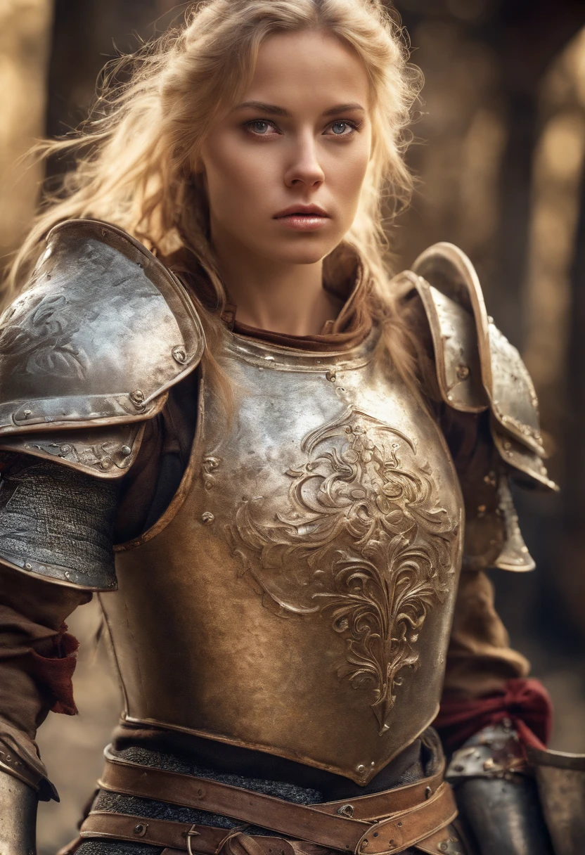 Blondy womans in armor fight sword Middle Ages