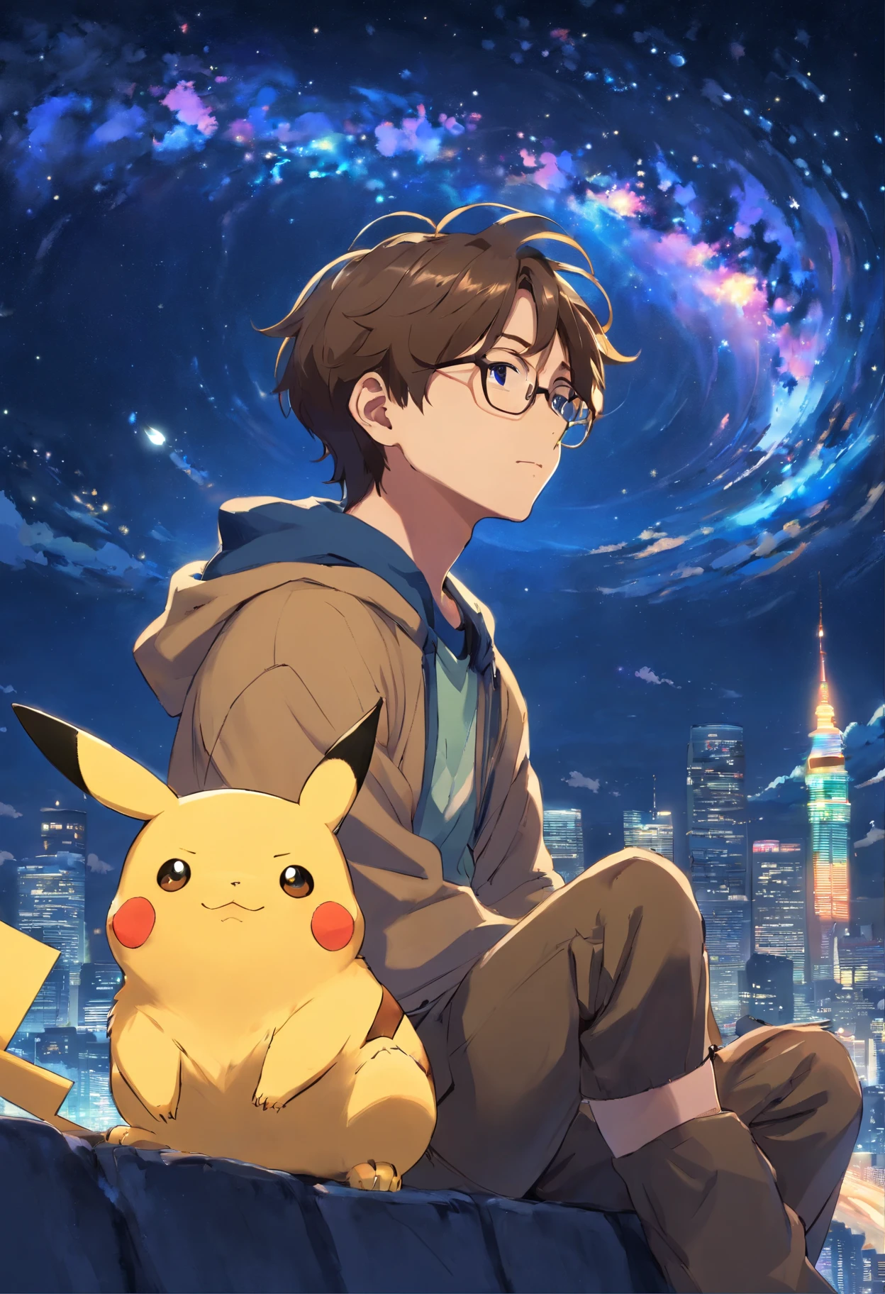 homem jovem, wearing glasses with wavy hair sitting with Pikachu, Watching the starry sky at night