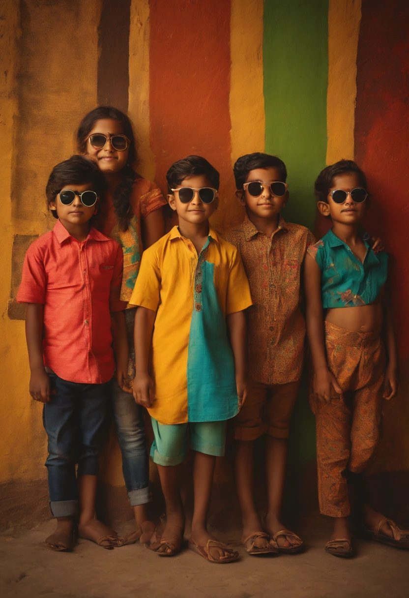Multiple Indian kids, boys and girls, white skin color, wearing sun glasses, multiple blocks of colors on shirt, printed , standing in a swag, standing in front of a wall, wall painted with vintage painting