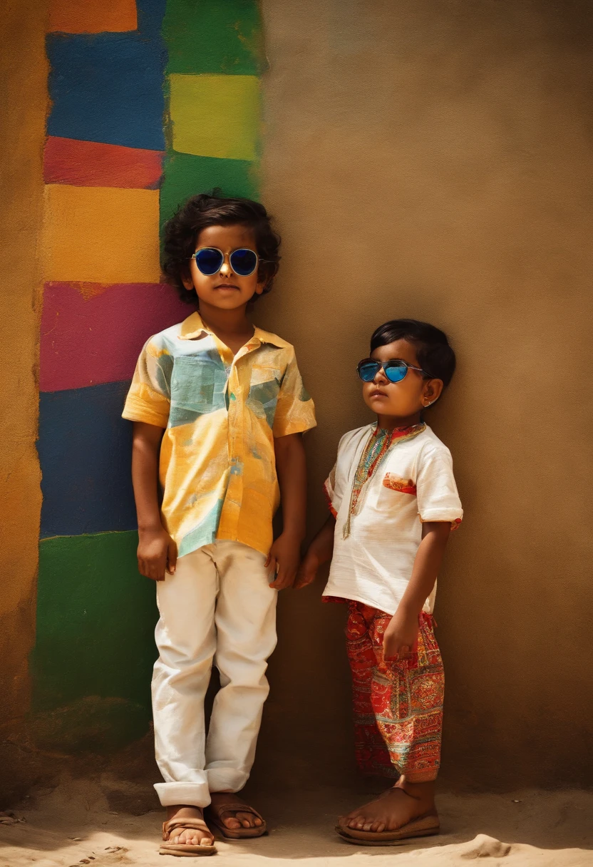 Multiple Indian kids, wearing sun glasses, multiple blocks of colors on shirt, printed , standing in a swag, standing in front of a wall, wall painted with vintage painting