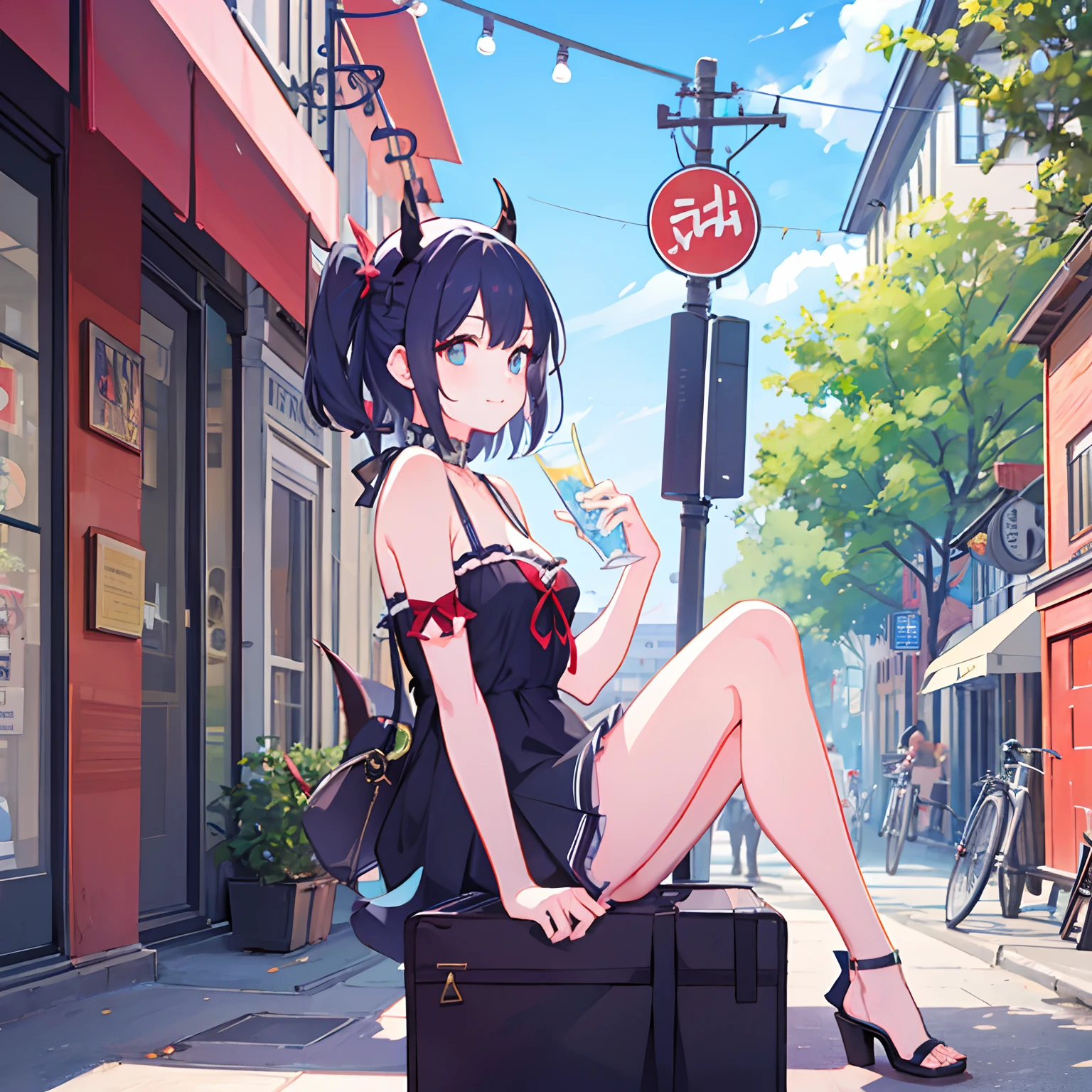a cute demon girl enjoying summer in the city