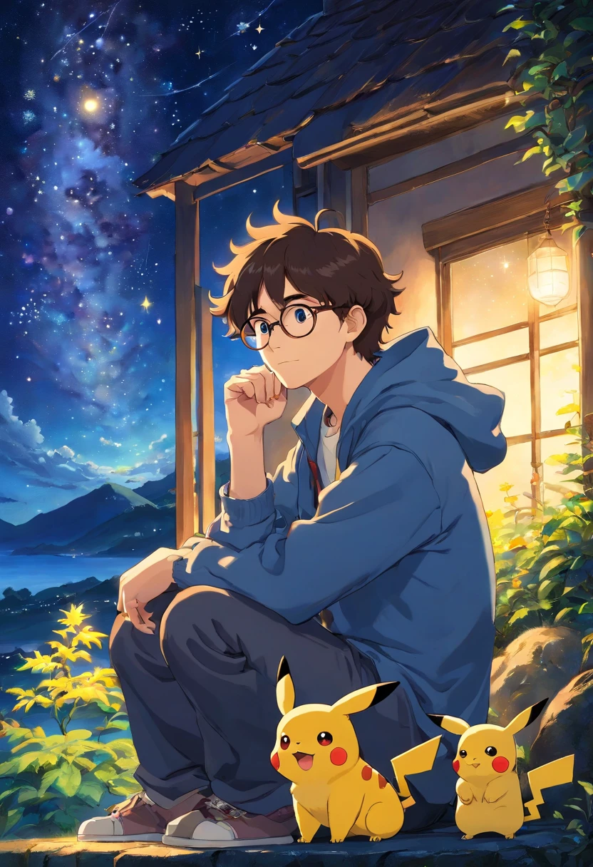 homem jovem, wearing glasses with wavy hair sitting with Pikachu, Watching the starry sky at night