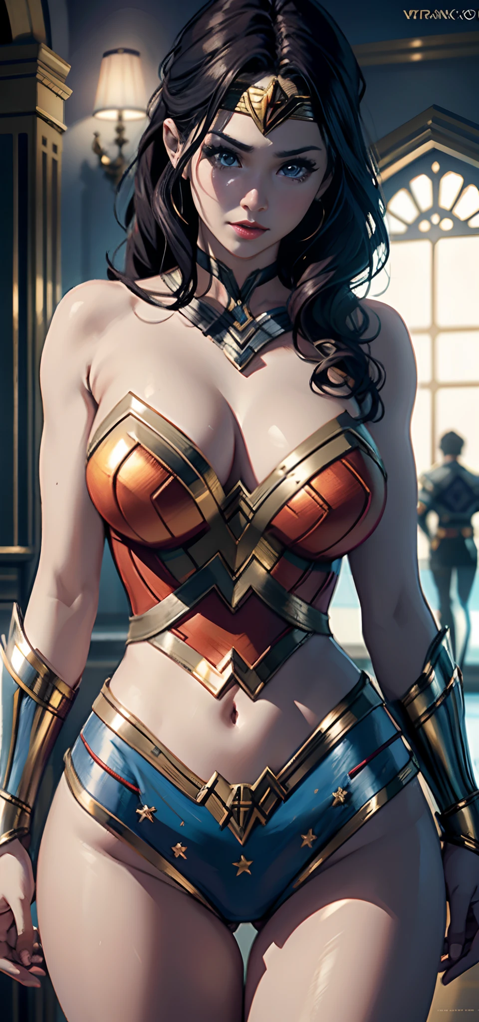 wonder women, photore, Soft and soft lighting, smooth detailed, octanerender, ArtStation Trends, hyper-high detail, Ultra photo realsisim, cinematic ligh,16k,,extremely large bosom,Big breasts Thin waist,long leges,nakeness,比基尼