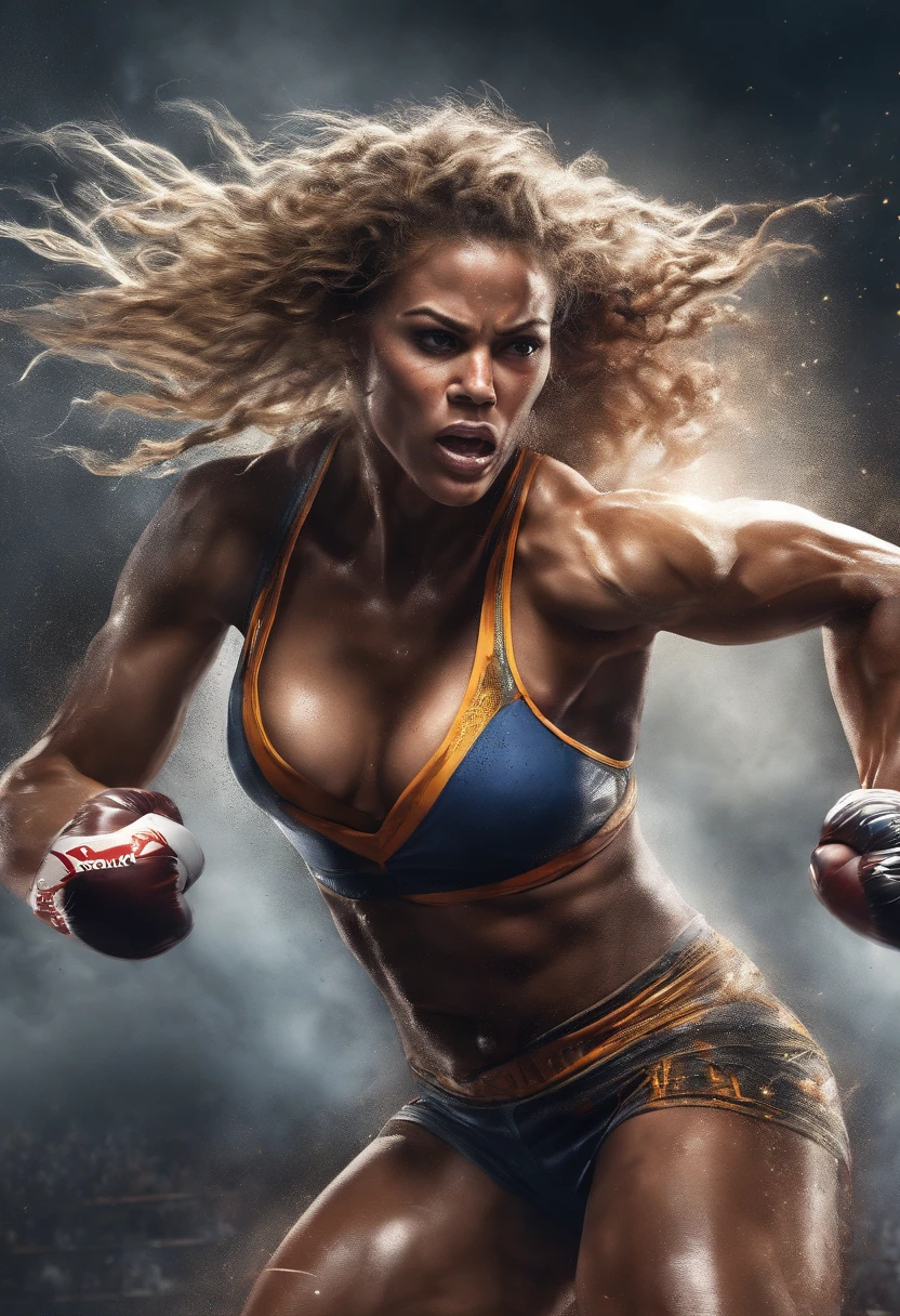 best quality,ultra-detailed,fight scene with a muscular woman wearing a bodystocking in a ring, intense and dynamic action, powerful kicks and punches, sweat dripping from her body, determined expression on her face, dramatic lighting highlighting her muscles, gritty and realistic style, high contrast, vibrant colors, cinematic composition, dramatic shadows, strong and defined muscles, athletic physique, energetic movements, adrenaline-filled atmosphere, professional sports event, fierce competition, explosive energy, dynamic camera angles, audience cheering in the background, electrifying atmosphere