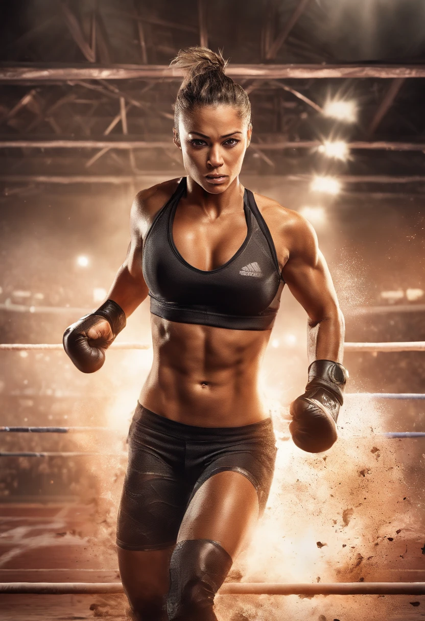 best quality,ultra-detailed,fight scene with a muscular woman wearing a bodystocking in a ring, intense and dynamic action, powerful kicks and punches, sweat dripping from her body, determined expression on her face, dramatic lighting highlighting her muscles, gritty and realistic style, high contrast, vibrant colors, cinematic composition, dramatic shadows, strong and defined muscles, athletic physique, energetic movements, adrenaline-filled atmosphere, professional sports event, fierce competition, explosive energy, dynamic camera angles, audience cheering in the background, electrifying atmosphere