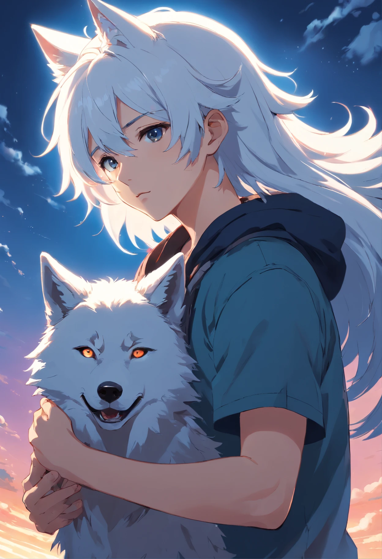 um homem jovem adoles emcente, Meio Lobo, His white hair and wolf ears are black, seus caninos brancos e seus olhos vermelhos como sangue;