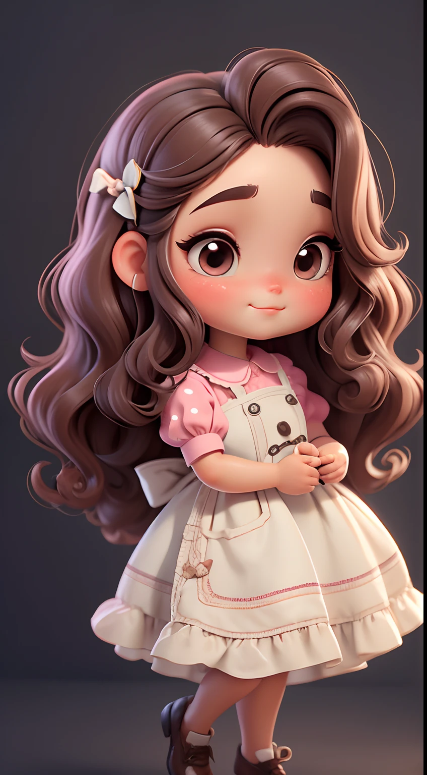 Create a series of chibi style dolls with a cute vintage chic theme, each with lots of detail and in an 8K resolution. All dolls should follow the same solid background pattern and be complete in the image, mostrando o (corpo inteiro, incluindo as pernas: 1.5)
Boneca Aprendiz de Bruxa: Chame-a de Mia. She must have medium wavy brown hair. Seus olhos devem ser grandes e curiosos, with long eyelashes and slightly pinkish cheeks. Mia should be dressed in a delicate dress and a polka-dot blouse and a delicate and beautiful bow. She should hold delicate and thin accessories. Add details like pockets and ruffles to the apron to make it even more charming, sapato bonito
Certifique-se de adicionar sombras, texturas e detalhes nos cabelos, roupas, Beautiful utensils, to make them even more adorable and charming.