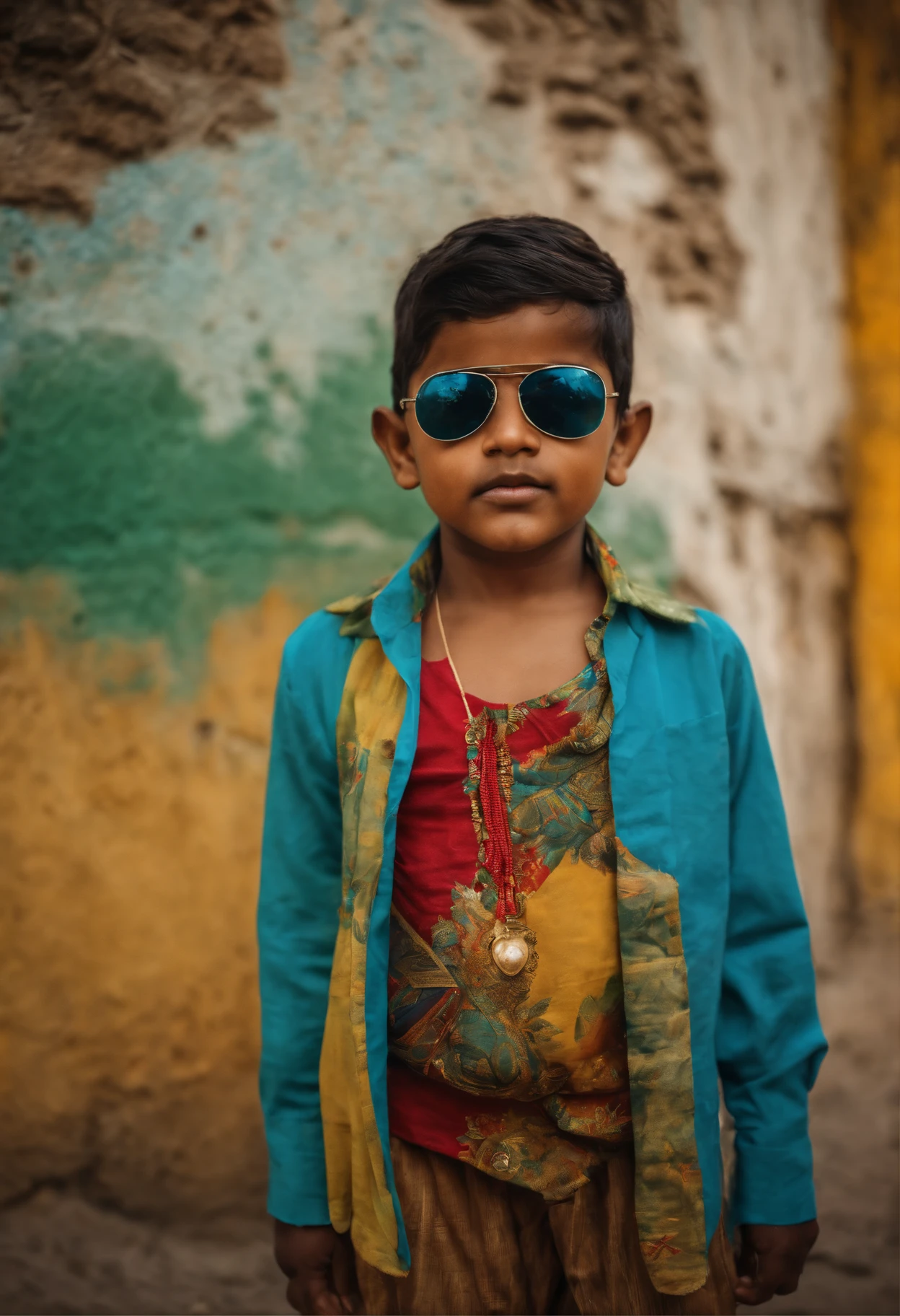 Indian kid, wearing sun glasses, multiple blocks of colors on shirt, printed , standing in a swag, standing in front of a wall, wall painted with vintage painting of a old man's face