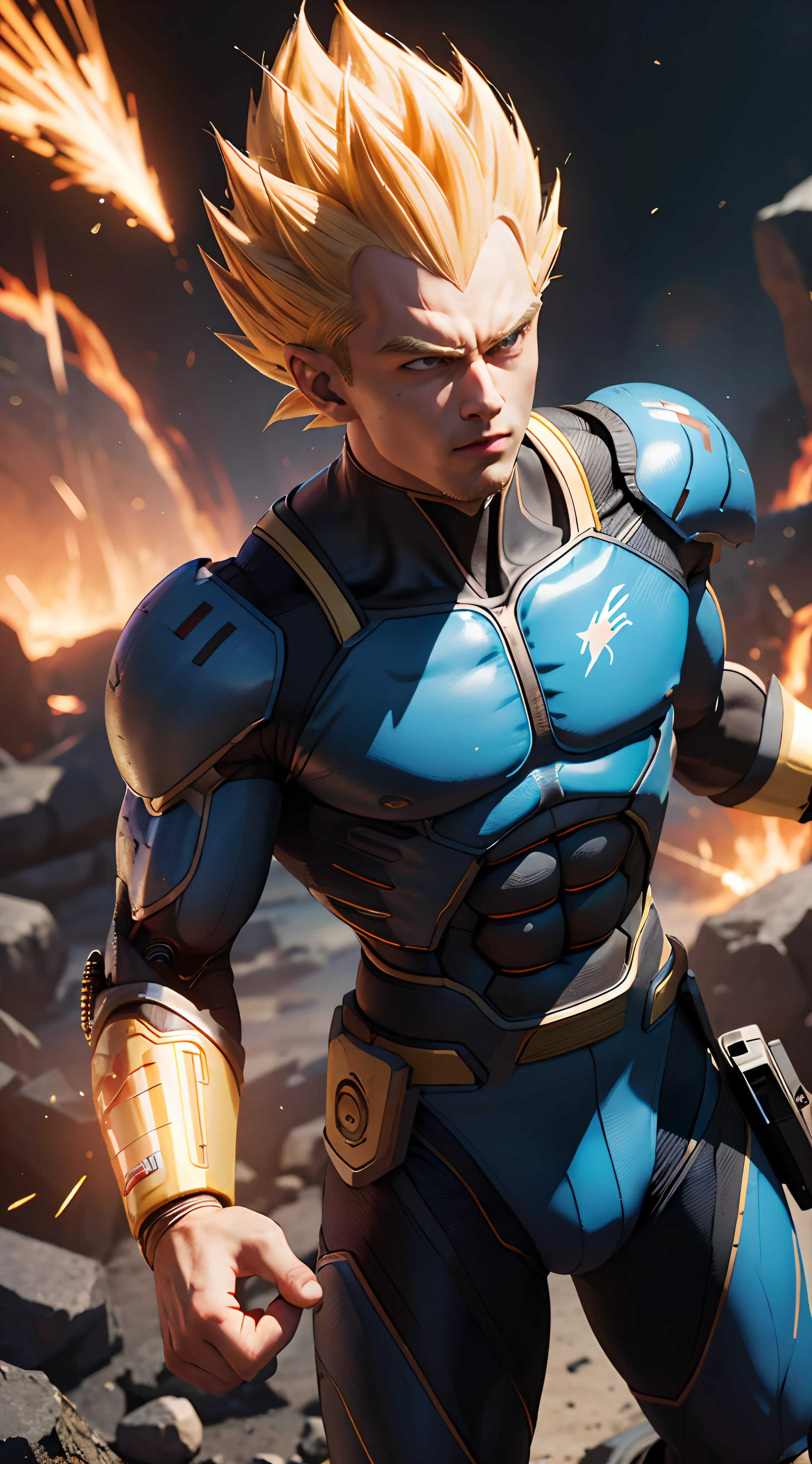 (masterpiece:1.2), ultra-detailed, (realistic), photorealistic, male focus, heroic stance, (cyborg), vegeta cyborg mode, full body shot, portraits, vibrant colors, sharp contrasts, blonde hair, black eye, fire background