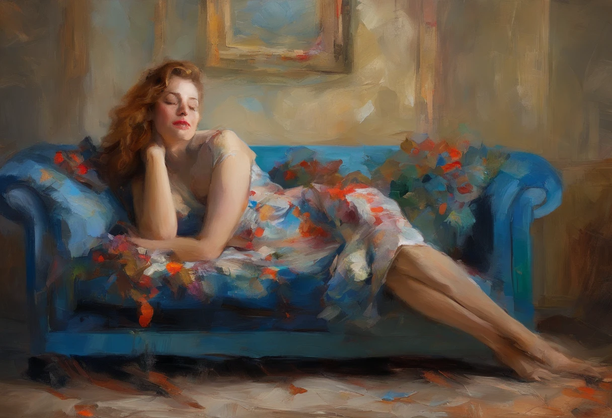 A painting of a woman with her eyes closed, ((golden ratio}} laying on the sofa after a long night on the town, a sensual painting, a Beautiful expressive painting, Wadim Kashin. Ultra photo realism, Louise Ross, digital painting art, Perceptual digital painting, Stylish digital painting, Bonito painting, glossy digital painting, beautiful digital painting, digital art painting, Fine paintings, ((Rod acrylic paint)).