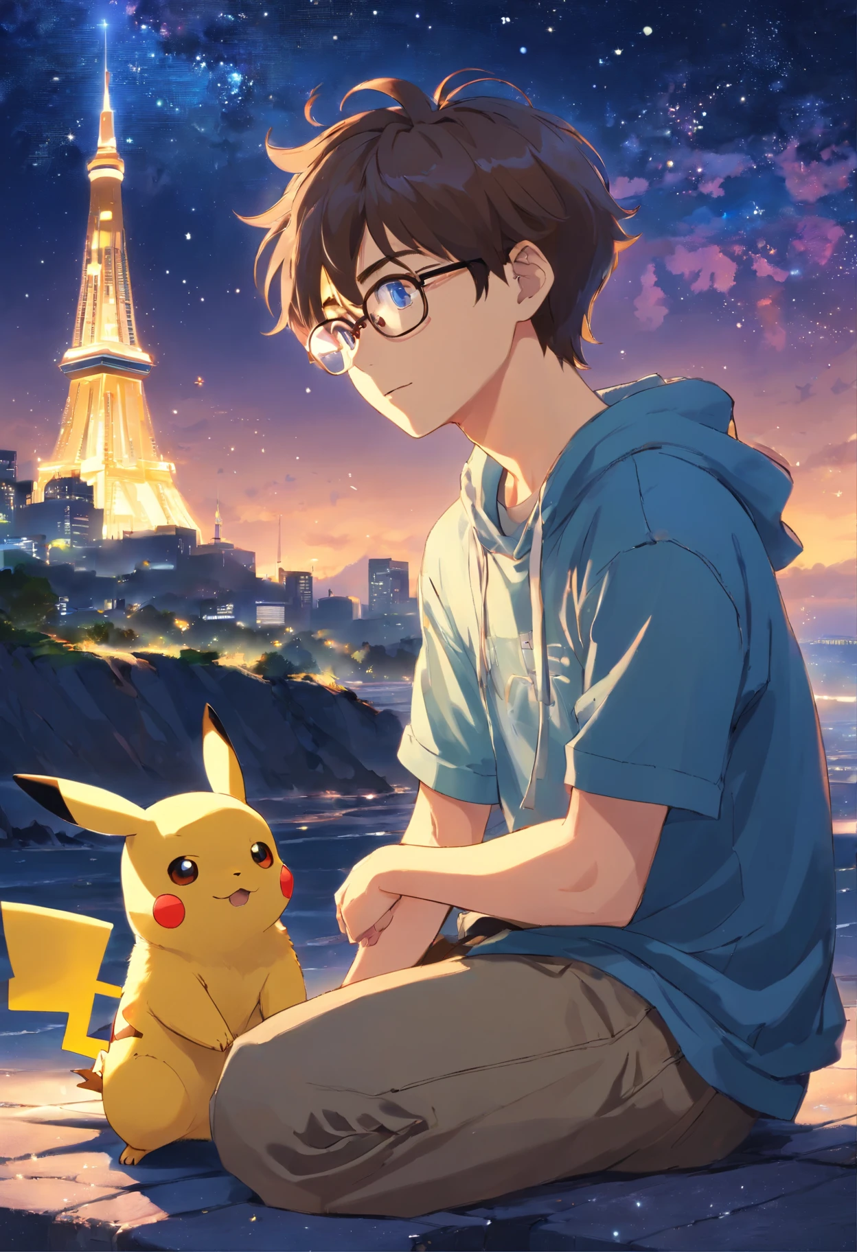 homem jovem, wearing glasses with wavy hair sitting with Pikachu, Watching the starry sky at night