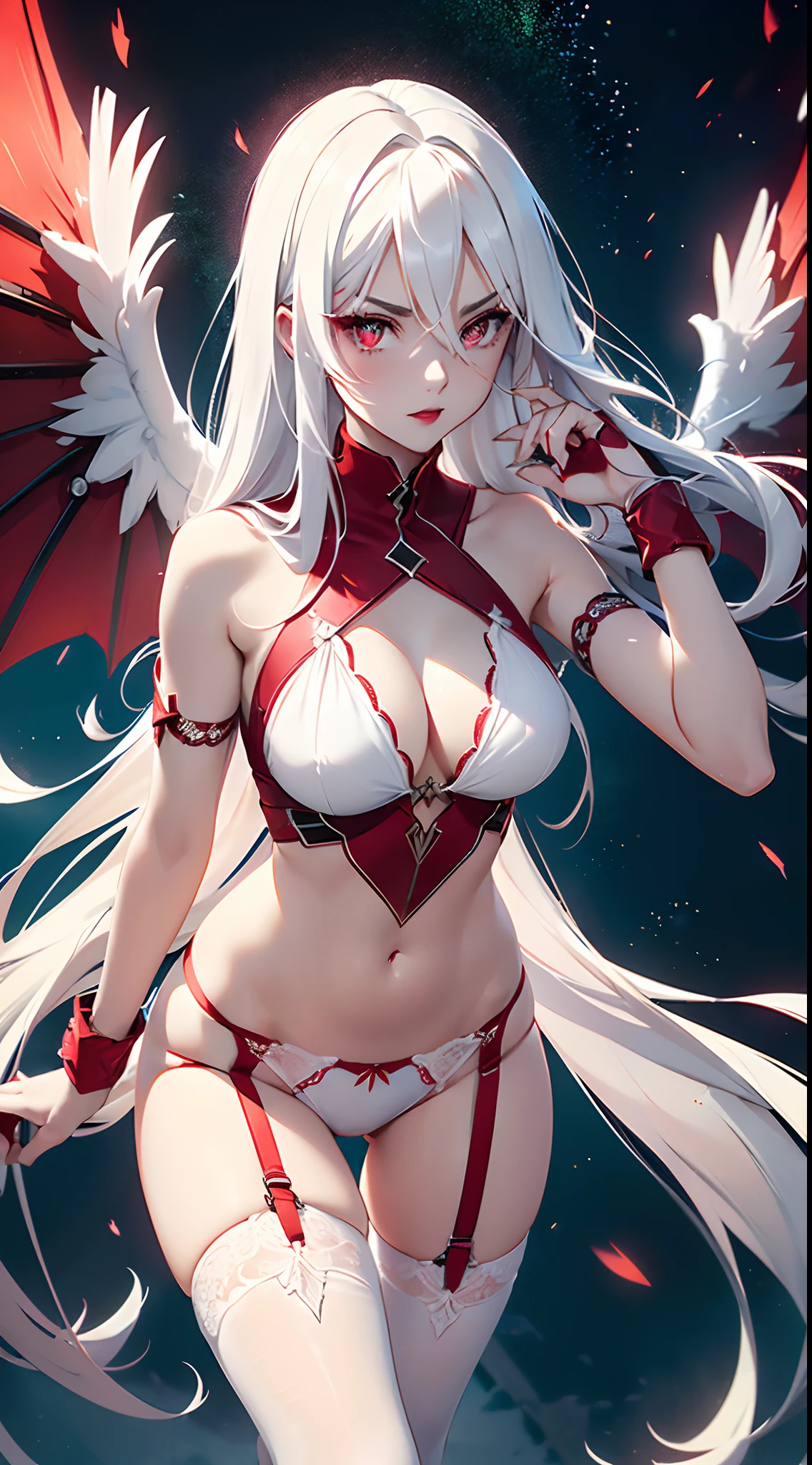 20 year old young woman( Long white hair ),(bright red eyes)<=(eyes HD lighting) (has red lips), beautiful eyebrows (badass expression) both hands have red bracelets on the arms (wears clothes made of transparent white cloth) (sexy white underwear model Garter Belt ) (has 6 large wings with a beautiful bright green color) (He wears gold bracelets on both feet) (sky setting at sunset) (there is an effect of bright red particles flying in the background, (flying) (pose during serious fighting) <=(lunging forward)giving an elegant and epic impression.dark atmosphere with bright particle light(many effects in background)