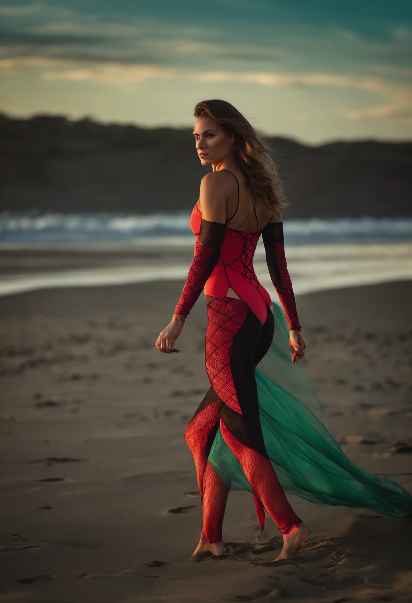 muscular. Walk woman on beach woman bodystocking