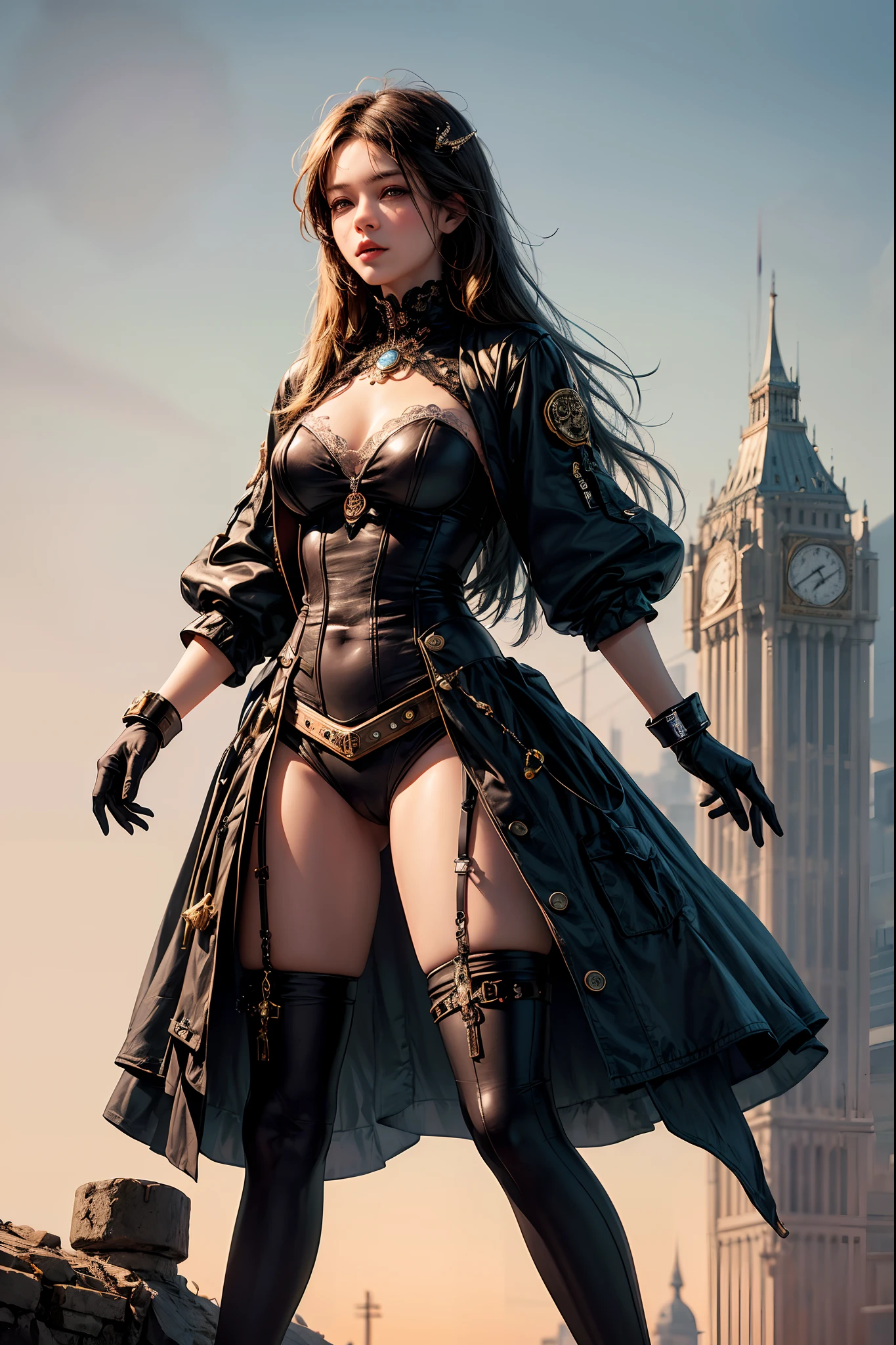 Ultra Resolution, 8k , HDR, Ultra sharp,((top-quality)), ((​masterpiece)), ((realisitic)), (detailed), Reflective,there is a woman in a steam punk outfit posing for a picture, steampunk fantasy style, steampunk girl, steampunk inventor girl, sci-fi steampunk, dieselpunk art style, steampunk pin-up girl, digital steampunk art, steam punk style, steam-punk, young girl in steampunk clothes, steampunk digital art, high quality steampunk art, steampunk