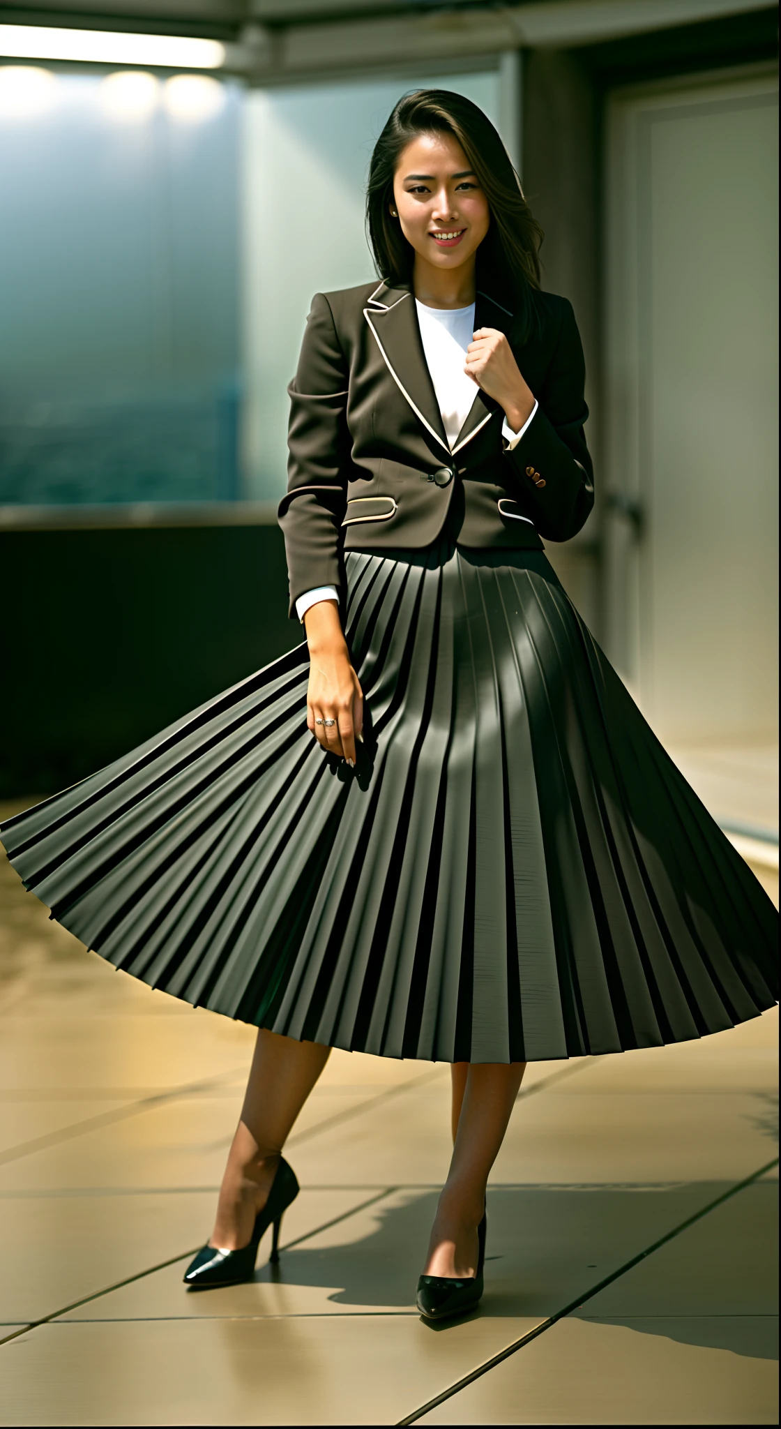 very (seductive:1,9) smiling attractive lesbian woman wearing short blazer and very very detailed (long (fully pleated) full circle skirt) and (simple) low heeled office shoes, very very intricate hyper-detailed symmetric (attractive graceful young feminine face) with (sad, tired eyes and a shy smile), large breasts, full of empathy and compassion and love, (pronounced (feminine) features), (highly detailed ultra accurate realistic) hands and fingers, (windy conditions and wind blowing), epic composition, highly detailed attributes, highly detailed atmosphere, (35mm f1.4 Kodak portra 400 photograph), extremely high quality RAW photograph,