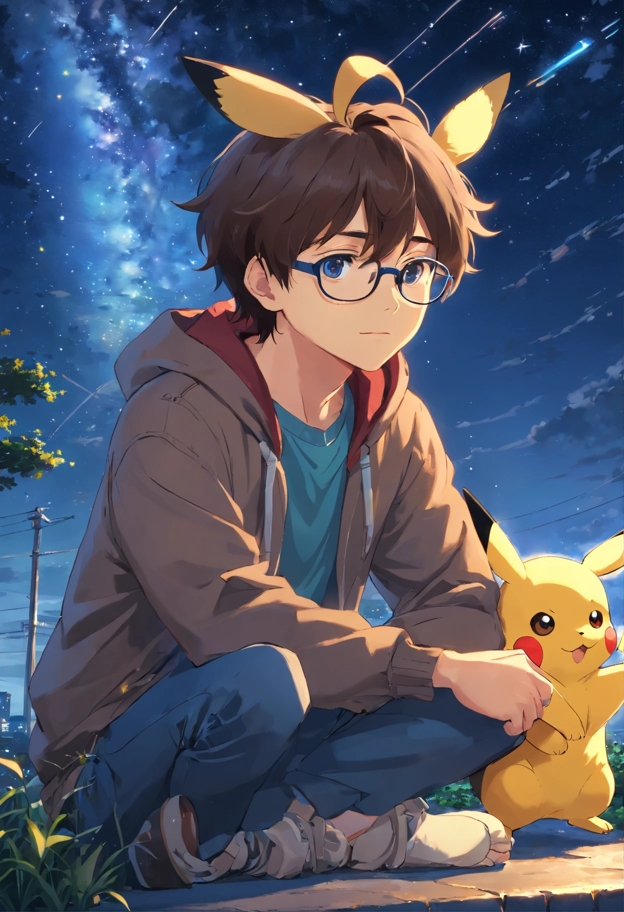 homem jovem, wearing glasses with wavy hair sitting with Pikachu, Watching the starry sky at night