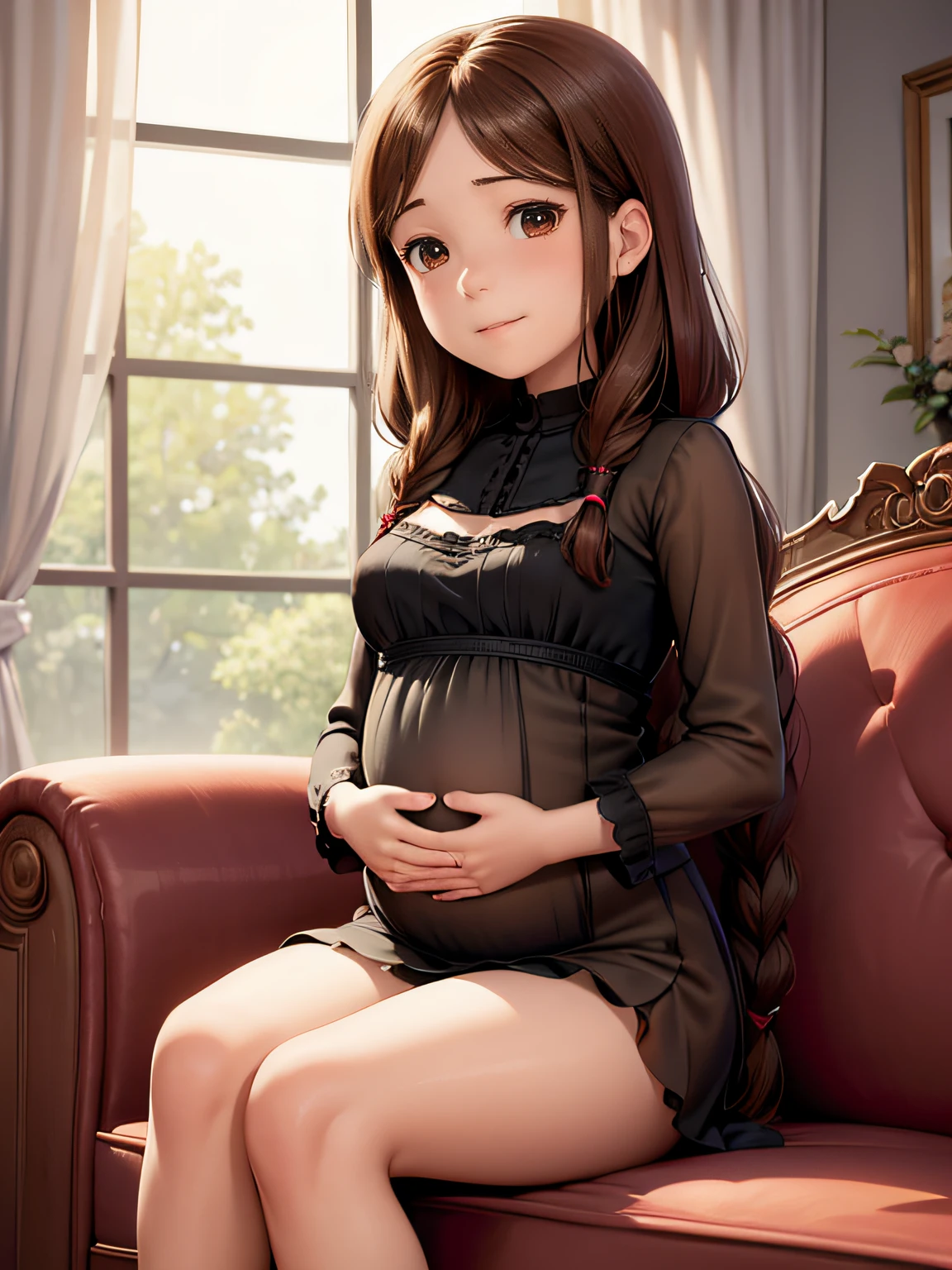 In a classically decorated room, A cartoon girl named margo sits on a luxurious red leather sofa. She has long brown hair,Comb into low double braids, Give her a cute and innocent look. margo is dressed lace black lingerie, fit close to your pregnant belly. Hands gently rested on her rounded abdomen, She gazed at it with a happy expression, Her cheeks were flushed with joy.
The room exudes sophistication, Tastefully furnished and rich, Decorated in white tones suitable for wealthy families. Focus on margo, Capture her whole body in a single shot. The background is intricate, Show gorgeous surroundings. On the left side of the room.
margo can relax and indulge in pampering care. This scene captures the tranquil beauty of motherhood, Celebrate the brilliance and happiness that pregnancy brings.
