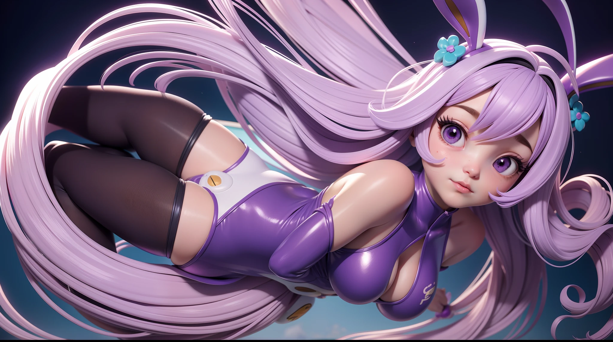uma sozinha Bunnysuit, seios pequenos, coxas grossas, cabelo roxo, roupas pretas com detalhes amarelos, dynamic action