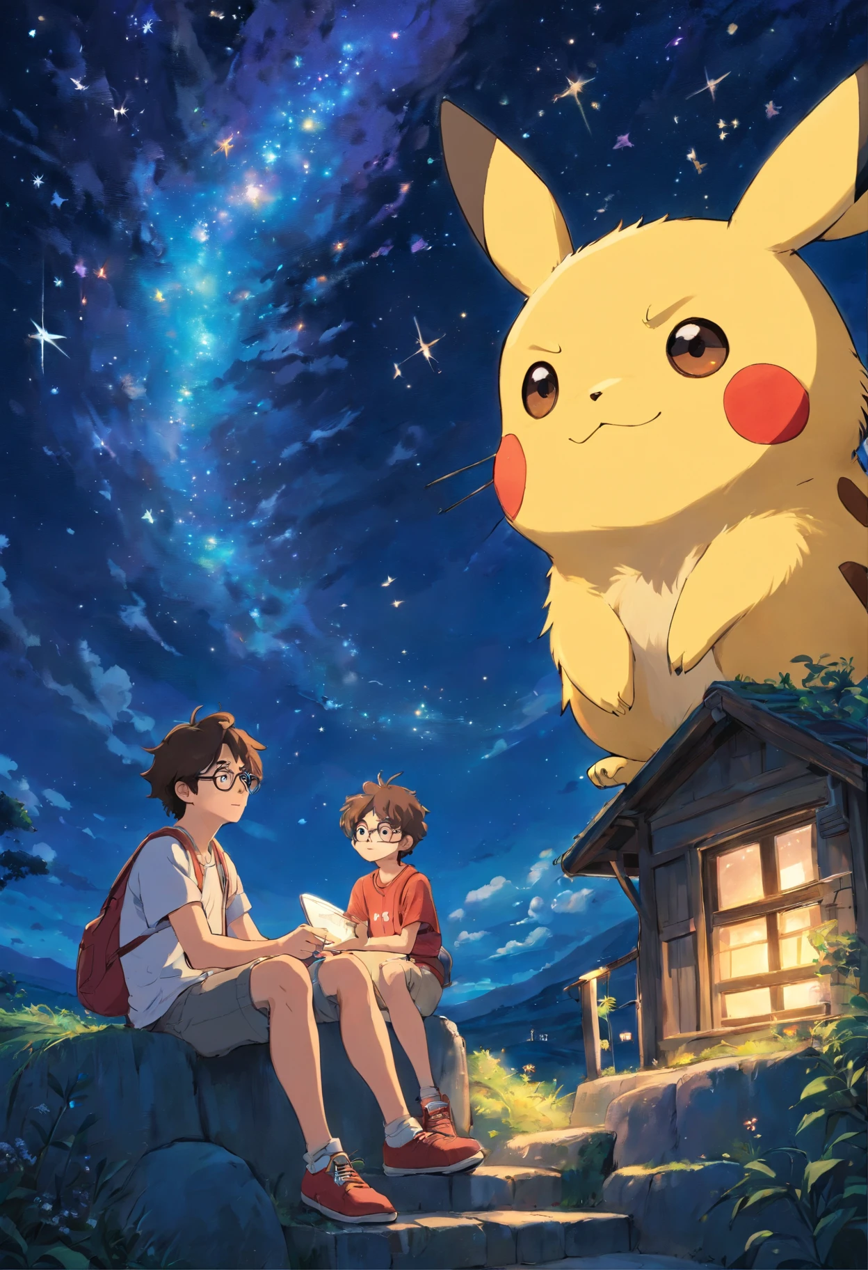 homem jovem, wearing glasses with wavy hair sitting with Pikachu, Watching the starry sky at night