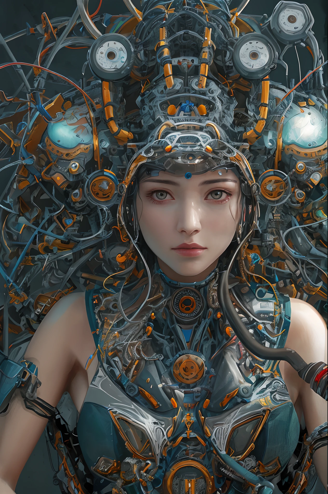 1mechanical girl,((ultra realistic details)), portrait, global illumination, shadows, octane render, 8k, ultra sharp,metal,intricate, ornaments detailed, cold colors, egypician detail, highly intricate details, realistic light, trending on cgsociety, glowing eyes, facing camera, neon details, machanical limbs,blood vessels connected to tubes,mechanical vertebra attaching to back,mechanical cervial attaching to neck,sitting,wires and cables connecting to head