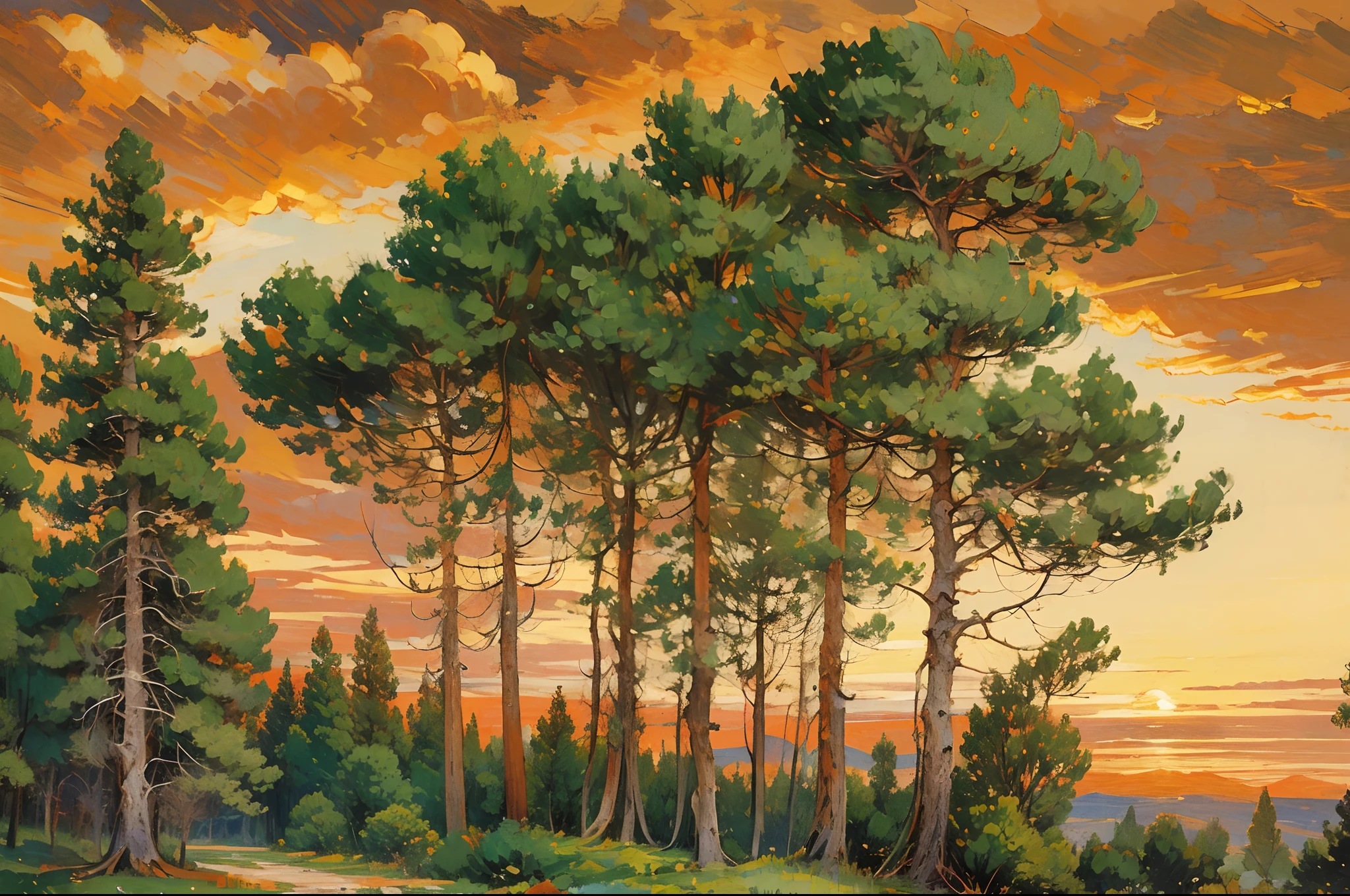((nobody)) Vintage Victorian style, Precise old encyclopedia (best quality:1.2), (detailed:1.2), (masterpiece:1.2), vintage illustrations of a forest at the sunset, pine forest, red sky, fluffy clouds