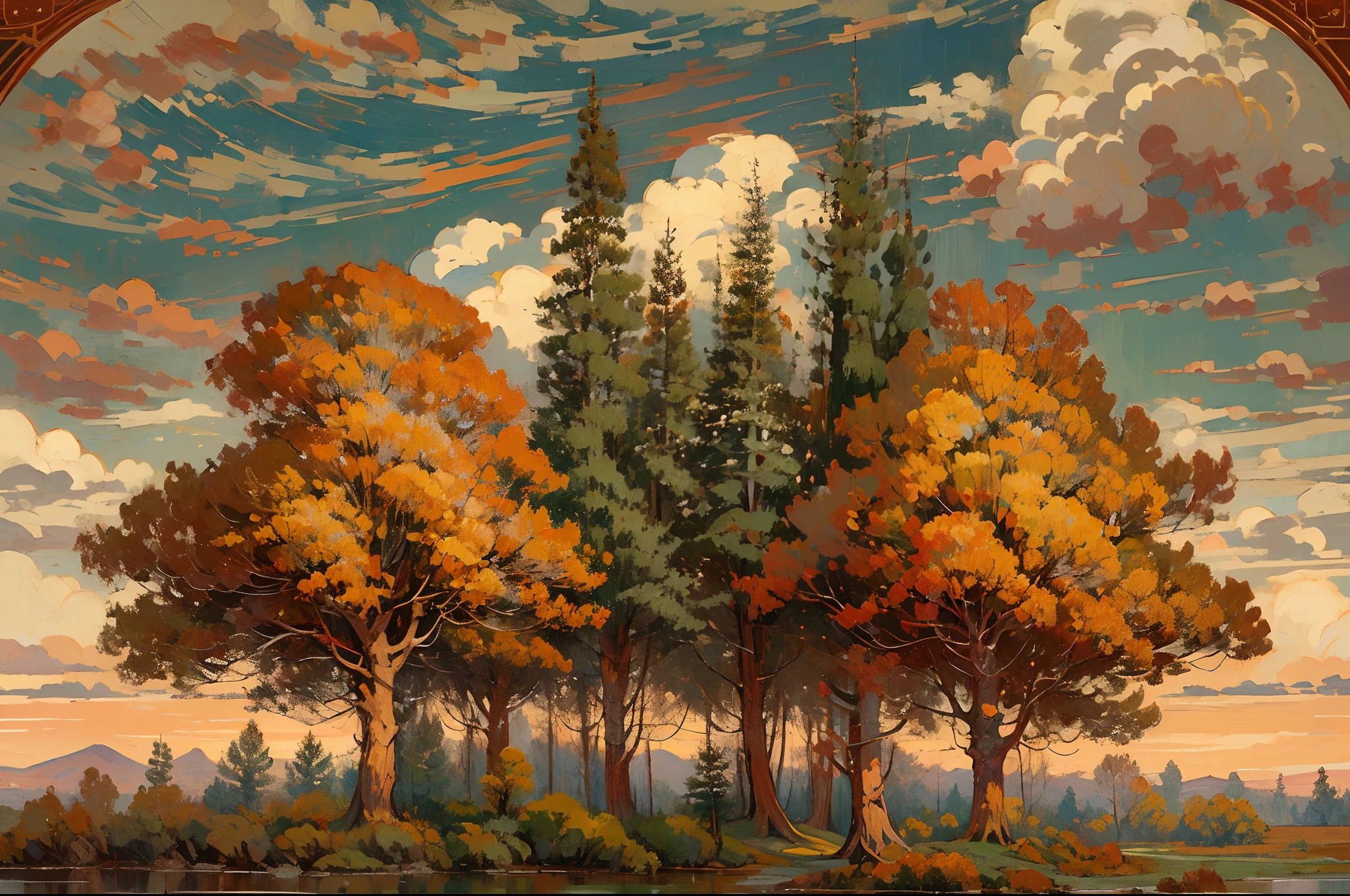 ((nobody)) Vintage Victorian style, Precise old encyclopedia (best quality:1.2), (detailed:1.2), (masterpiece:1.2), vintage illustrations of a forest at the sunset, pine forest, red sky, fluffy clouds