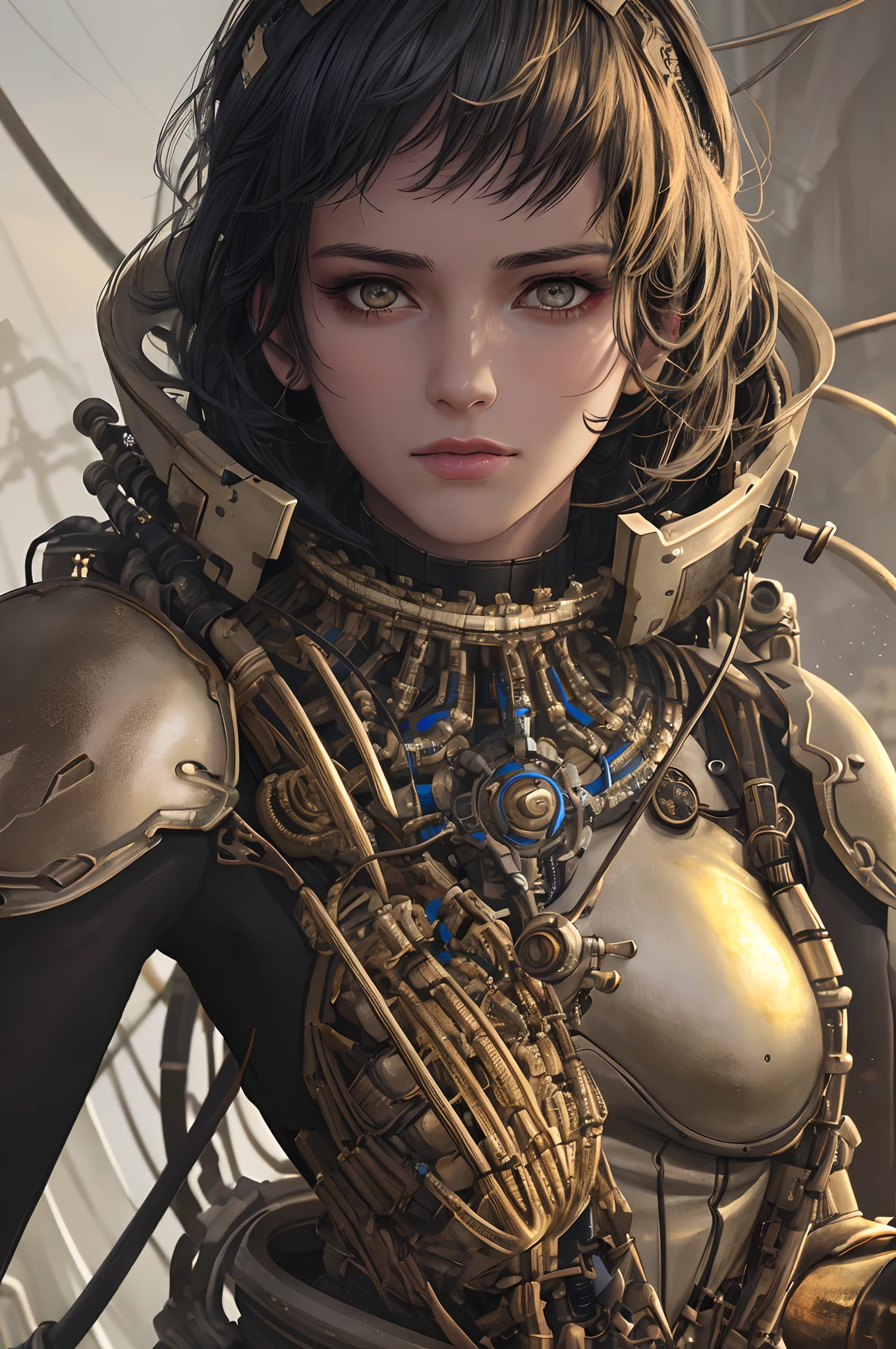 1mechanical girl,((ultra realistic details)), portrait, global illumination, shadows, octane render, 8k, ultra sharp,metal,intricate, ornaments detailed, cold colors, egypician detail, highly intricate details, realistic light, trending on cgsociety, glowing eyes, facing camera, neon details, machanical limbs,blood vessels connected to tubes,mechanical vertebra attaching to back,mechanical cervial attaching to neck,sitting,wires and cables connecting to head