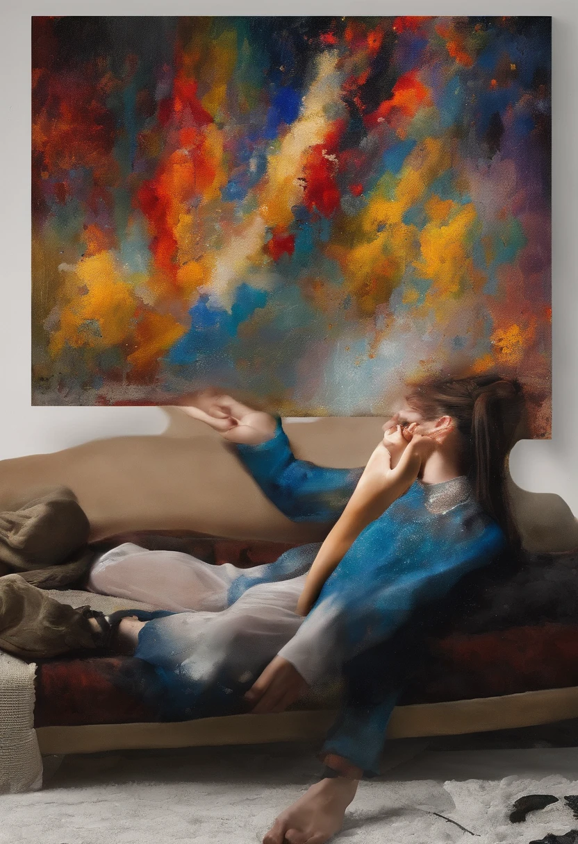 A painting of a woman with her eyes closed, ((golden ratio}} laying on the sofa after a long night on the town, a sensual painting, a Beautiful expressive painting, Wadim Kashin. Ultra photo realism, Louise Ross, digital painting art, Perceptual digital painting, Stylish digital painting, Bonito painting, glossy digital painting, beautiful digital painting, digital art painting, Fine paintings, ((Rod acrylic paint)).