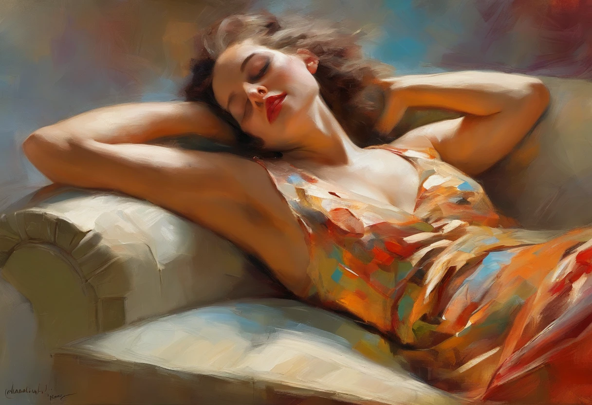 A painting of a woman with her eyes closed, 1930s ((golden ratio}} laying on the sofa after a long night on the town, a sensual painting, a Beautiful expressive painting, Wadim Kashin. Ultra photo realism, Louise Ross, digital painting art, Perceptual digital painting, Stylish digital painting, Bonito painting, glossy digital painting, beautiful digital painting, digital art painting, Fine paintings, ((Rod acrylic paint)).