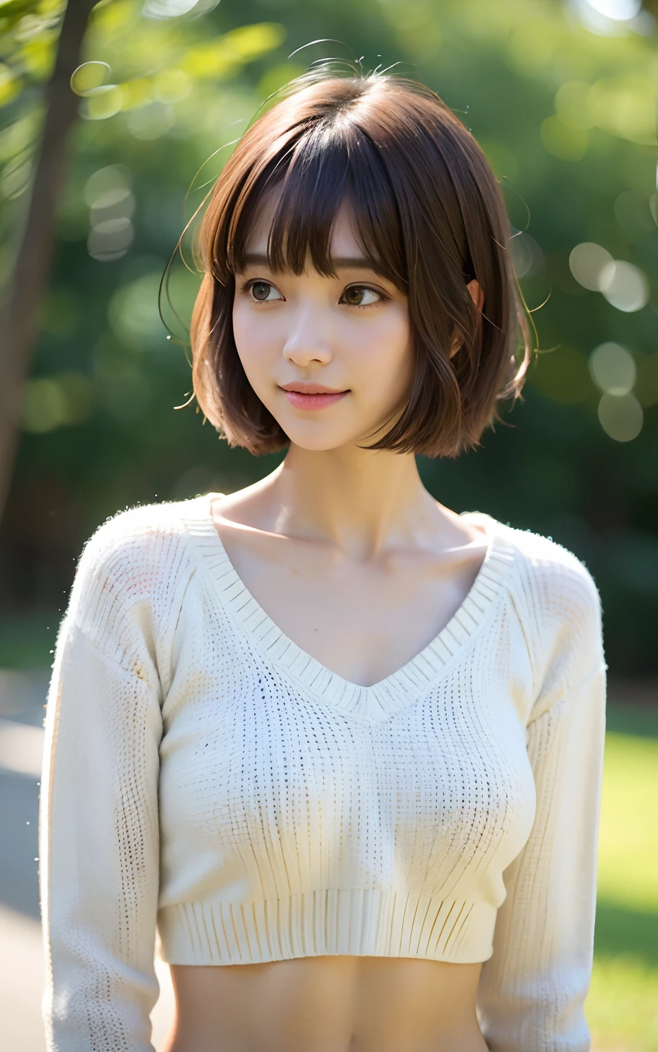 masutepiece, Best Quality, Illustration, Ultra-detailed, finely detail, hight resolution, 8K Wallpaper, Perfect dynamic composition、Mature woman 27 years old cute girl、Sweet girl、hposing Gravure Idol、A detailed face、Super detailed cute eyes、Realistic lips、Realistic and clean skin、Smile of embarrassment、Wavy brown short-cut hair、tiny chest、Bold sexy poses、Sweater with one shoulder exposed、Gingko tree-lined promenade with autumn leaves、