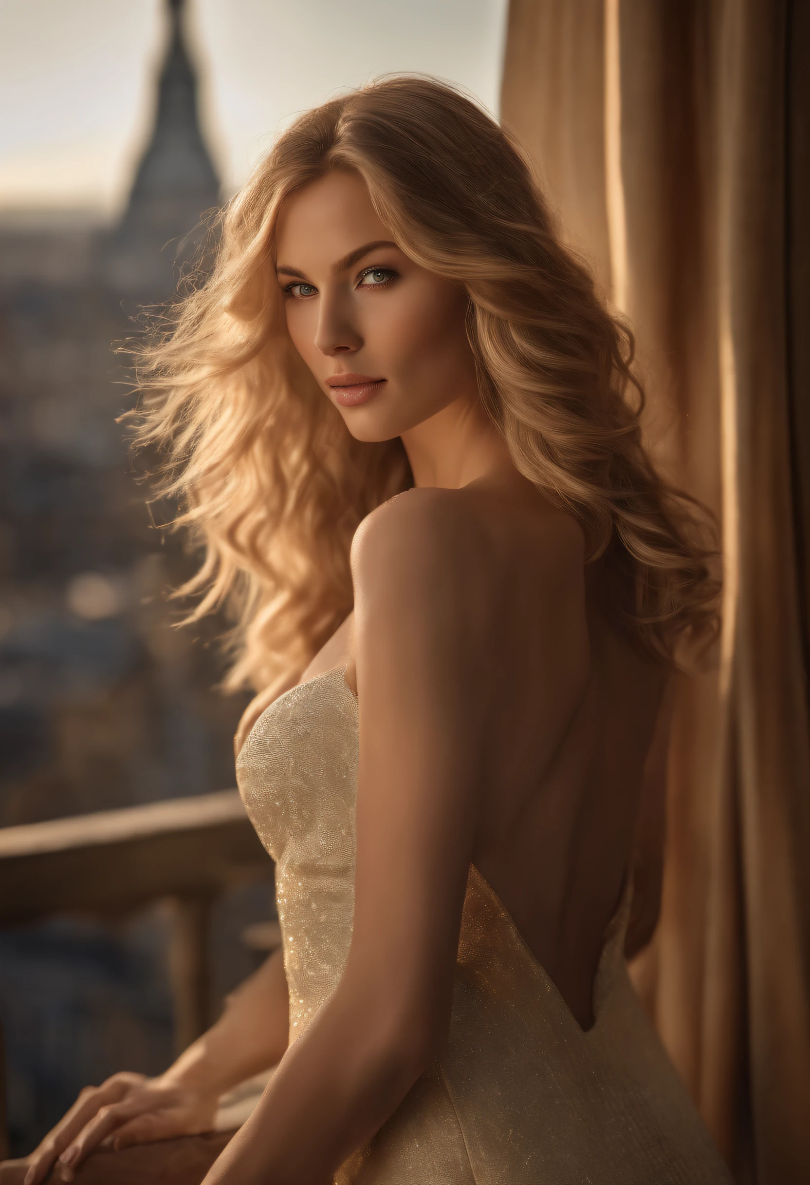 Gorgeous woman with long wavy blonde hair, detailed alluring eyes, longues jambes sexy, porter une culotte sexy, dans une chambre, ((Detailed facial features)), (finely detailed skin), pale skinned, realistic skin texture, extreme skin details, (Pores:0.1), In the background beautiful realistic city, best quality masterpiece, photoreallistic, Hyperrealistic, Detailed, 8k, Hdr, (Couleur douce: 1.2), faible profondeur de champ, broad light, high contrast, contre-jour, fleurir, light sparkles, aberration chromatique, mise au point nette, Photo couleur RAW, without background blur, petits seins