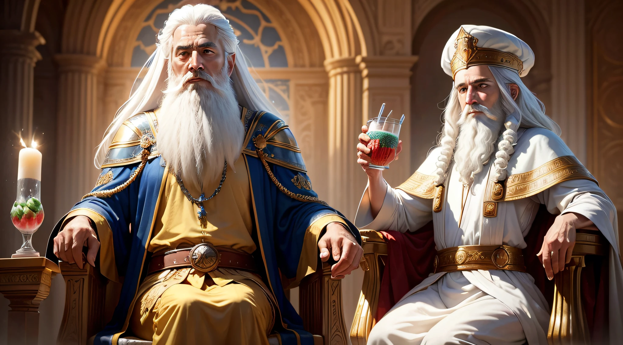 King of Israel with white hair with beard sitting on the throne and a woman offering water (melhor qualidade,4k,8k,A high resolution, master part:1.2),tons de cores quentes, soft lighting