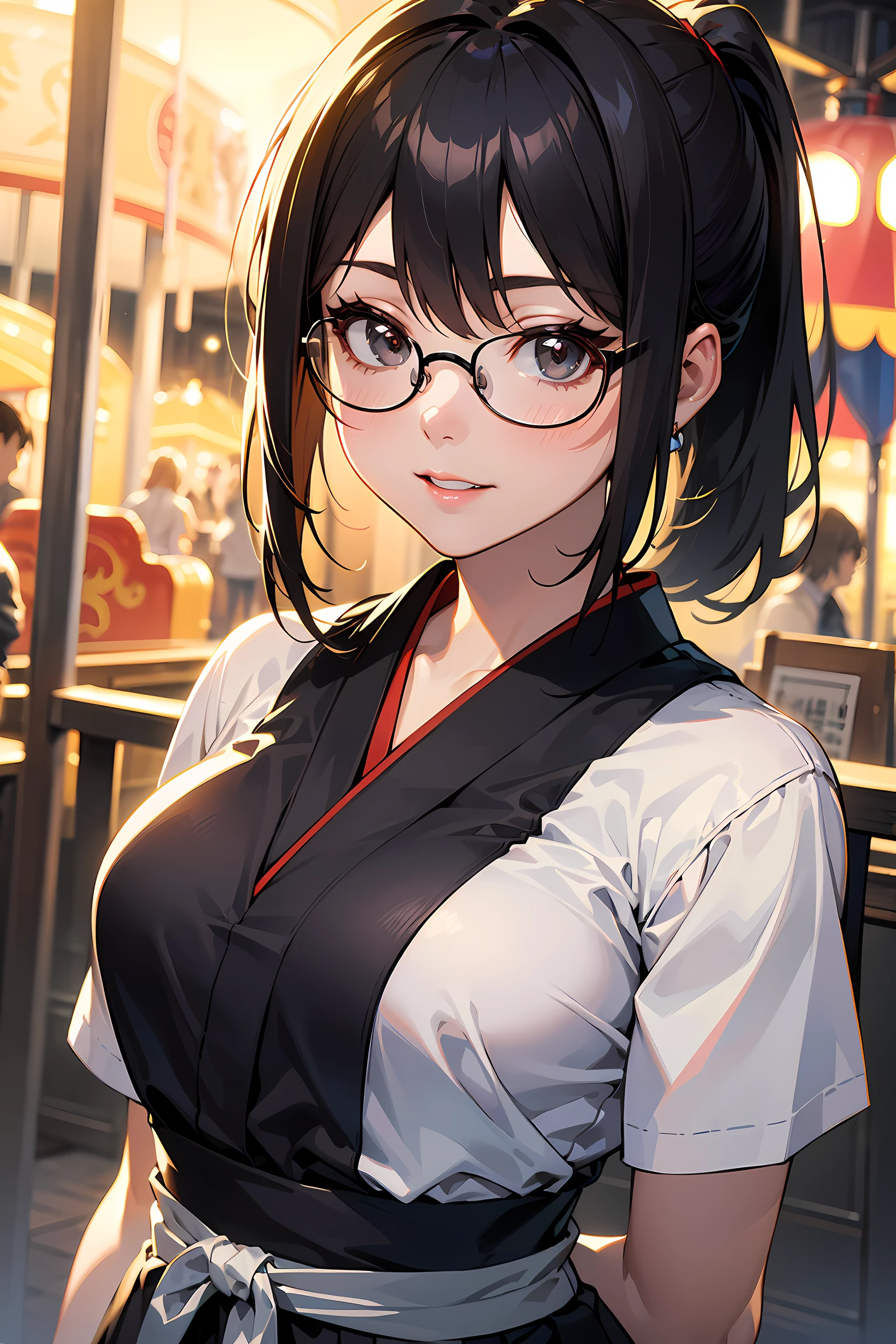 high resolution, Photo of a beautiful woman detailed_face, young handsome girl,realistic:0.5, perfect skin, (wearing a glasses:1.5), (ultra-detailed background, detailed background), bokeh, make happy expressions, happy emotion, gorgeous,pure, beautyfull detailed face and eyes,breasts, (black eyes:1.1), (a extremely pretty and beautiful Japanese woman), (sexy girl), (professional attire:1.3), (22 years old: 1.1), BREAK, (miko outfit:1.2), (white dogi:1.2), (red hakama:1.2), (leather boots))), cleavage, beautiful detailed skin, (cute:1.2), (blonde hair), ((jpop idol)), (upper thigh:0.6), (depth of field),soft light, Lens Glow looking at viewer, (Drooping eyes:1.2), straight teeth,smile, floating hair, (blond hair:1.2), brown eyes BREAK scene, cinematic, full colors, 4k, 8k, 16k, RAW photo, masterpiece, professionally color graded, professional photography, high school girl, hair up, , soft clean focus, realistic lighting and shading, (an extremely delicate and beautiful art)1.3, elegant,active angle,dynamism pose BREAK (ponytail:1.3), (shiny-black thin hair:1.2), bangs, dark brown eyes, beautiful eyes, princess eyes, (big eyes:1.3), bangs, wearing a glasses:1.3, Hair between eyes, short hair:1.3, (slender:1.1), (medium-breasts:0.95), (thin waist: 1.15), (detailed beautiful girl: 1.4), Parted lips, Red lips, full-make-up face, (shiny skin), ((Perfect Female Body)), (upper body image:1.3), Perfect Anatomy, Perfect Proportions, (most beautiful Korean actress face:1.3, extremely cute and beautiful Japanese actress face:1.3), ,(1glasses girl:1.3, solo), ,(blush:1.1), gray background, solo focus, (bust shot:1.2), cinematic light, (nostalgic night scene:1.4), (amusement park:1.4), (merry-go-round、the Ferris wheel、rollercoaster), (arms behind back :1.4), (looking at viewer:1.2