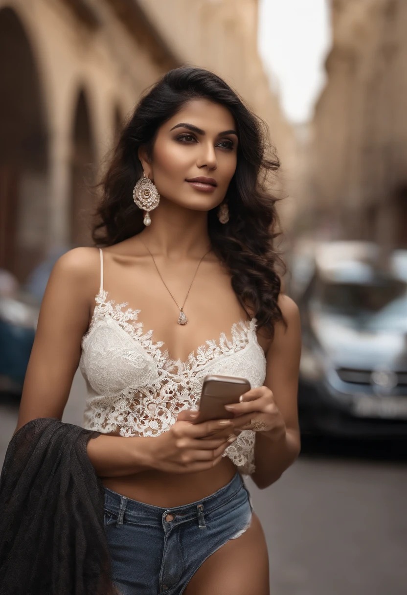 Indian nude women, upper body photo of a beautiful woman, fiddling with cell phone in the middle of the street, [see-through](short lace cami:1.47), natural breast, medium breasts, (narrow waist, perfect body curve), earring, sharp focus, (tall body, adult woman), ((looking at away)), (high detailed skin, skin pores:1.4) round face,  cute, pale white