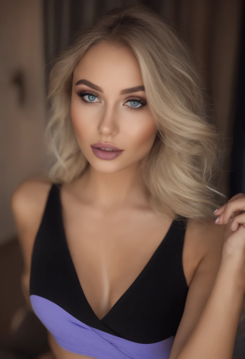 A woman in a matching T-shirt and panties, Sexy girl with blue eyes, portrait sophie mudd, Portrait of Corinna Kopf, blonde hair and large eyes, selfie of a young woman, Eyes at the Violet Myers Club, without Макияж, natural makeup, looking straight at camera, face with artgram, dezentes Make-up, Stunning full-length shot, in bedroom, cleavage