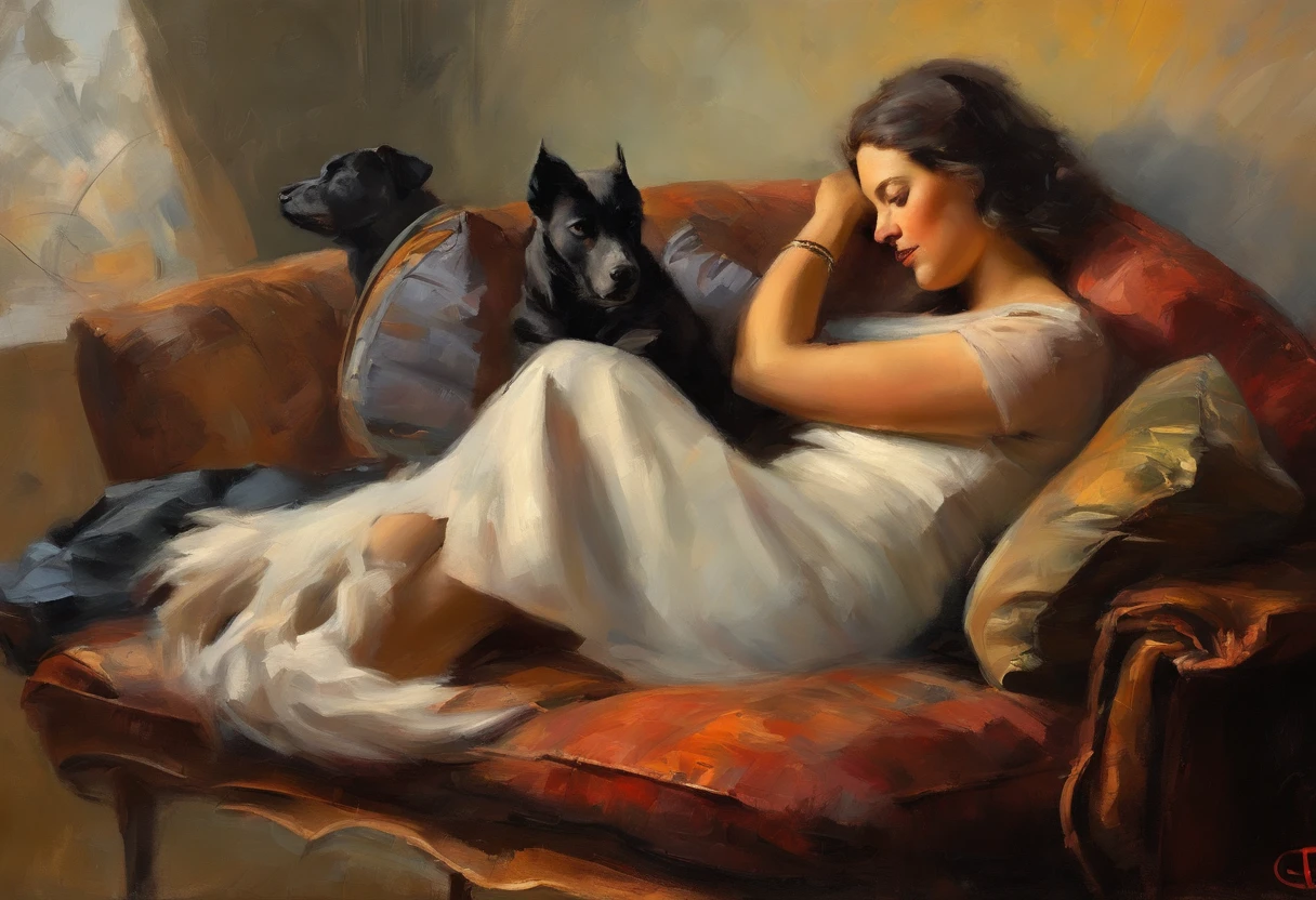 A painting of a woman with her eyes closed, dog sleeping next to her, 1930s ((golden ratio}} laying on the sofa after a long night on the town, a sensual painting, a Beautiful expressive painting, Wadim Kashin. Ultra photo realism, Louise Ross, digital painting art, Perceptual digital painting, Stylish digital painting, Bonito painting, glossy digital painting, beautiful digital painting, digital art painting, Fine paintings, ((Rod acrylic paint)).