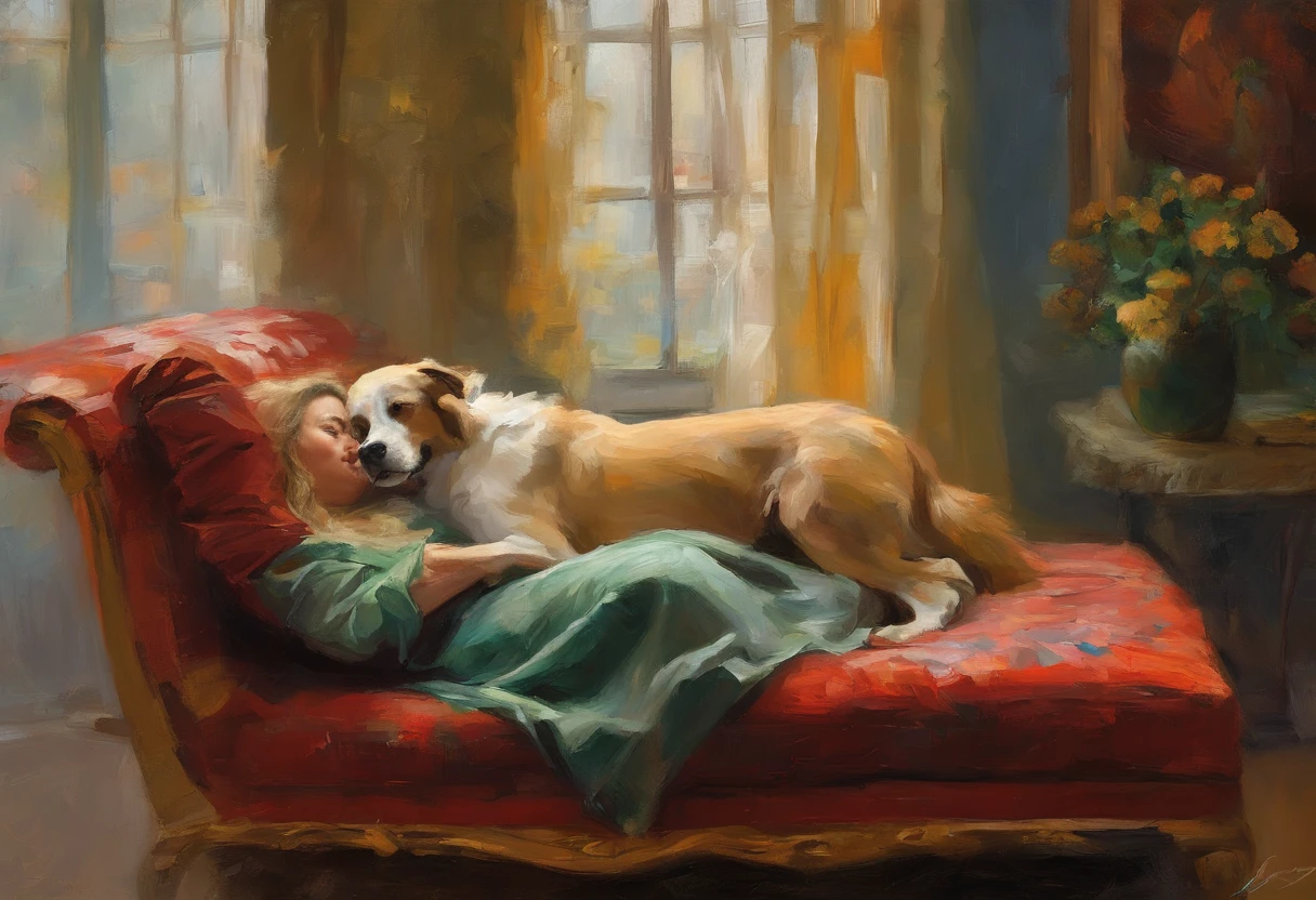 A painting of a woman with her eyes closed, dog sleeping next to her, 1930s ((golden ratio}} laying on the sofa after a long night on the town, a sensual painting, a Beautiful expressive painting, Wadim Kashin. Ultra photo realism, Louise Ross, digital painting art, Perceptual digital painting, Stylish digital painting, Bonito painting, glossy digital painting, beautiful digital painting, digital art painting, Fine paintings, ((Rod acrylic paint)).