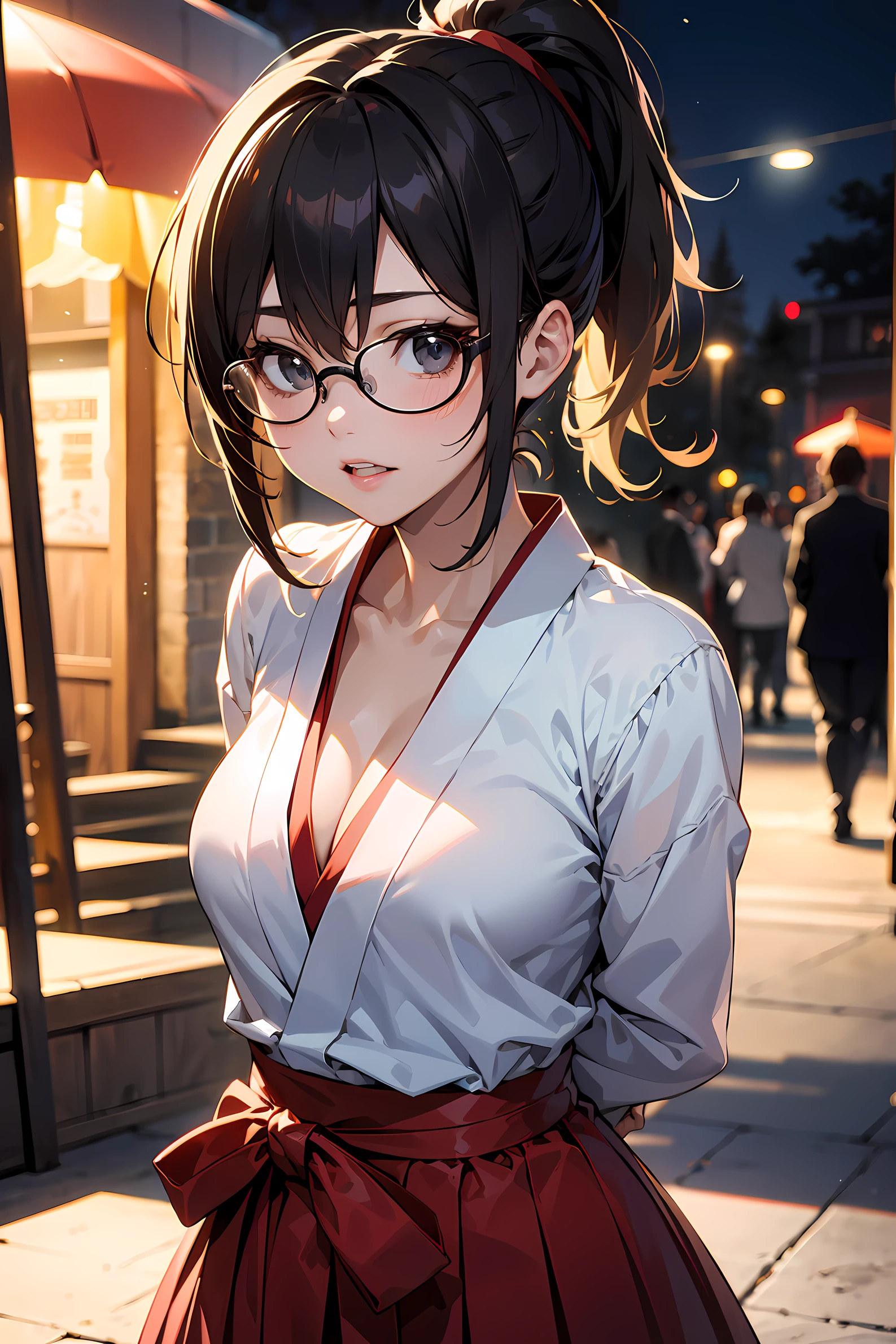 high resolution, Photo of a beautiful woman detailed_face, young handsome girl,realistic:0.5, perfect skin, (wearing a glasses:1.5), (ultra-detailed background, detailed background), bokeh, make happy expressions, happy emotion, gorgeous,pure, beautyfull detailed face and eyes,breasts, (black eyes:1.1), (a extremely pretty and beautiful Japanese woman), (sexy girl), (professional attire:1.3), (22 years old: 1.1), BREAK, (miko outfit:1.2), (white dogi:1.2), (red hakama:1.2), (leather boots))), cleavage, beautiful detailed skin, (cute:1.2), (blonde hair), ((jpop idol)), (upper thigh:0.6), (depth of field),soft light, Lens Glow looking at viewer, (Drooping eyes:1.2), straight teeth,smile, floating hair, (blond hair:1.2), brown eyes BREAK movie scene, cinematic, full colors, 4k, 8k, 16k, RAW photo, masterpiece, professionally color graded, professional photography, high school girl, hair up, , soft clean focus, realistic lighting and shading, (an extremely delicate and beautiful art)1.3, elegant,active angle,dynamism pose BREAK (ponytail:1.3), (shiny-black thin hair:1.2), bangs, dark brown eyes, beautiful eyes, princess eyes, (big eyes:1.3), bangs, wearing a glasses:1.3, Hair between eyes, short hair:1.3, (slender:1.1), (medium-breasts:0.95), (thin waist: 1.15), (detailed beautiful girl: 1.4), Parted lips, Red lips, full-make-up face, (shiny skin), ((Perfect Female Body)), (upper body image:1.3), Perfect ???????, Perfect Proportions, (most beautiful Korean actress face:1.3, extremely cute and beautiful Japanese actress face:1.3), ,(1glasses girl:1.3, solo), ,(blush:1.1), gray background, solo focus, (bust shot:1.2), cinematic light, (nostalgic night scene:1.4), (amusement park:1.4), (merry-go-round、the Ferris wheel、rollercoaster), (arms behind back :1.4), (looking at viewer:1.2