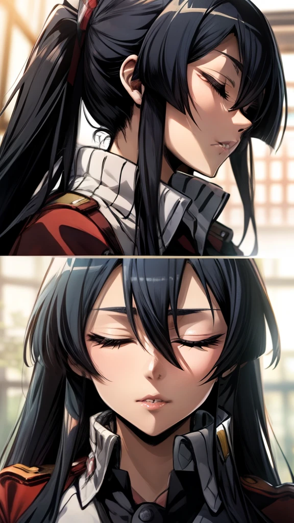 Akame (akame ga kill), closed eyes, puckered lips, looking at the viewer