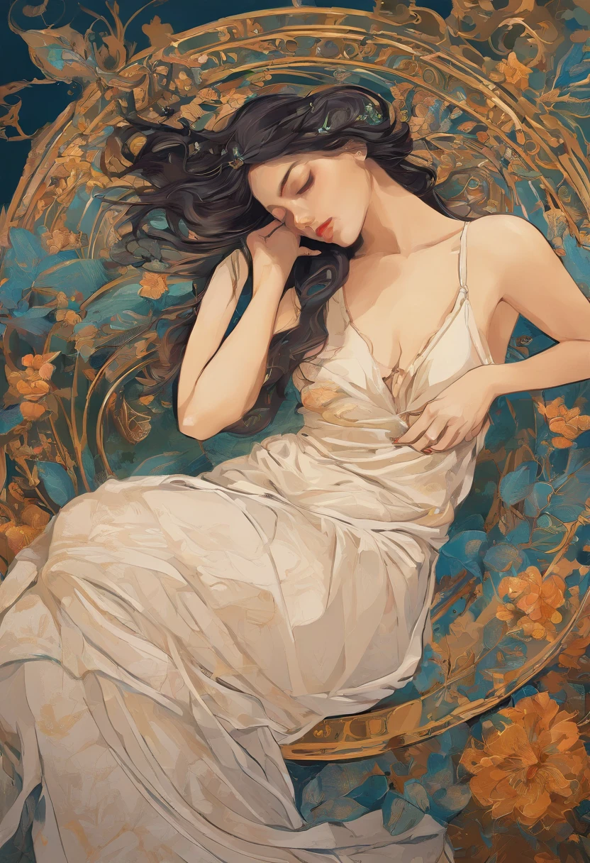 A painting of a woman with her eyes closed, ((golden ratio}} laying on the sofa after a long night on the town, a sensual painting, a Beautiful expressive painting, Wadim Kashin. Ultra photo realism, Louise Ross, digital painting art, Perceptual digital painting, Stylish digital painting, Bonito painting, glossy digital painting, beautiful digital painting, digital art painting, Fine paintings, ((Rod acrylic paint)).