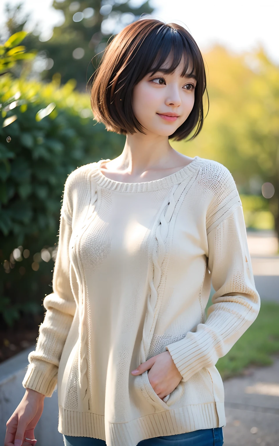 masutepiece, Best Quality, 8K, 22 yo, Raw photo, Smile, Solo, medium breasts, Cute, Girly, Goddess, Idol face, Delicate girl, Neat and clean beauty, Upper body, Digital SLR, Looking away, Candid, Sophisticated, Professional Lighting, Film grain, (Eyes and faces with detailed:1.0), Short hair shaggy cut swaying in the wind, Bangs, Sweaters, (Bokeh:1.1)