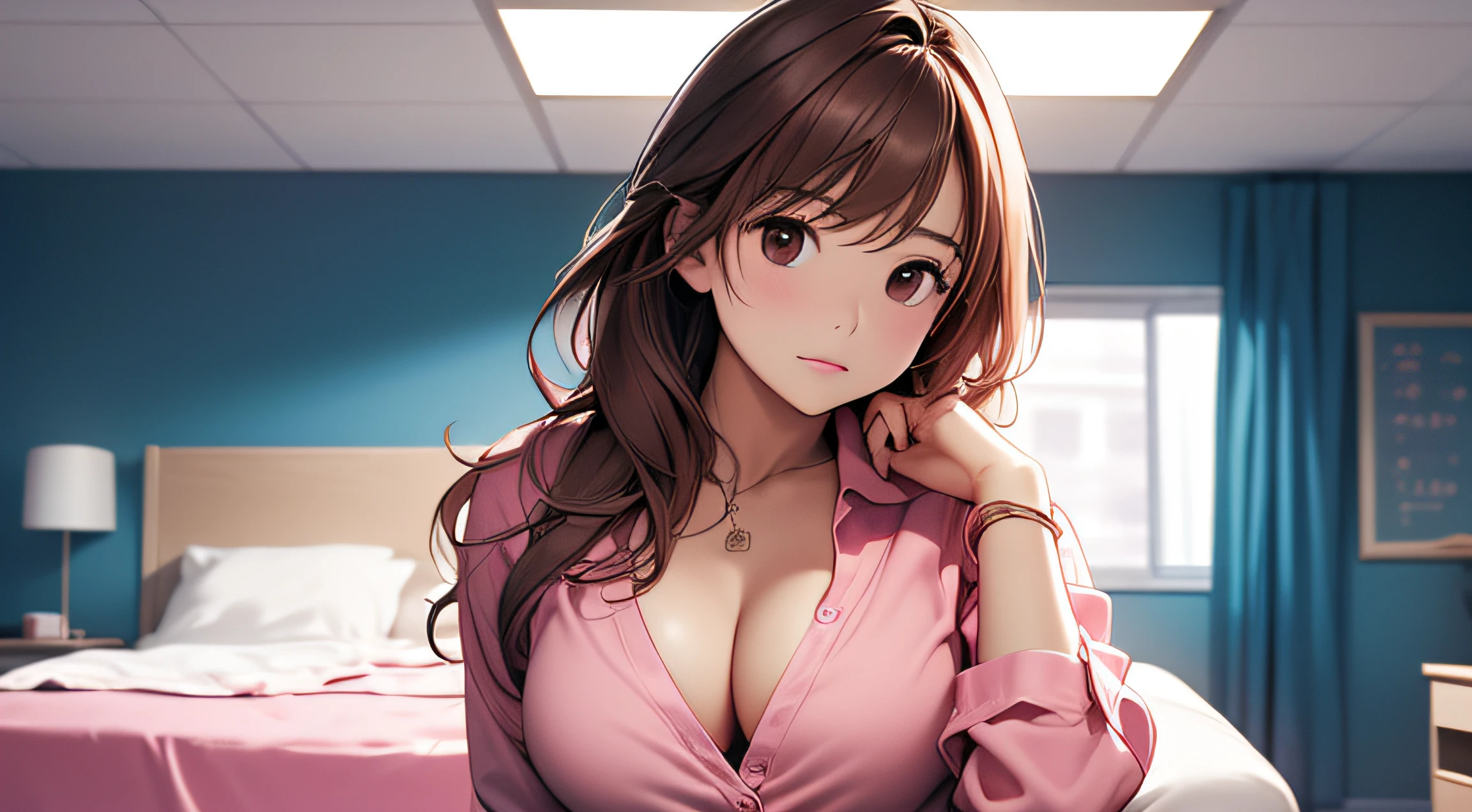 (A Certain Science Railgun、Seo Yeon Joo)、Brown skin、pink mini long sleeve shirt、(Medium hair in pink color)、Young、Cute、a beautifulchi girl、Perfect style、larjeBoobs、cute pose, Emphasizes cleavage、deadpan、realisic、Realistic、8k、Heavily detailed、最好质量、Top image quality、high-resolution、A masterpice、only girl、(The background is a mattress)、
