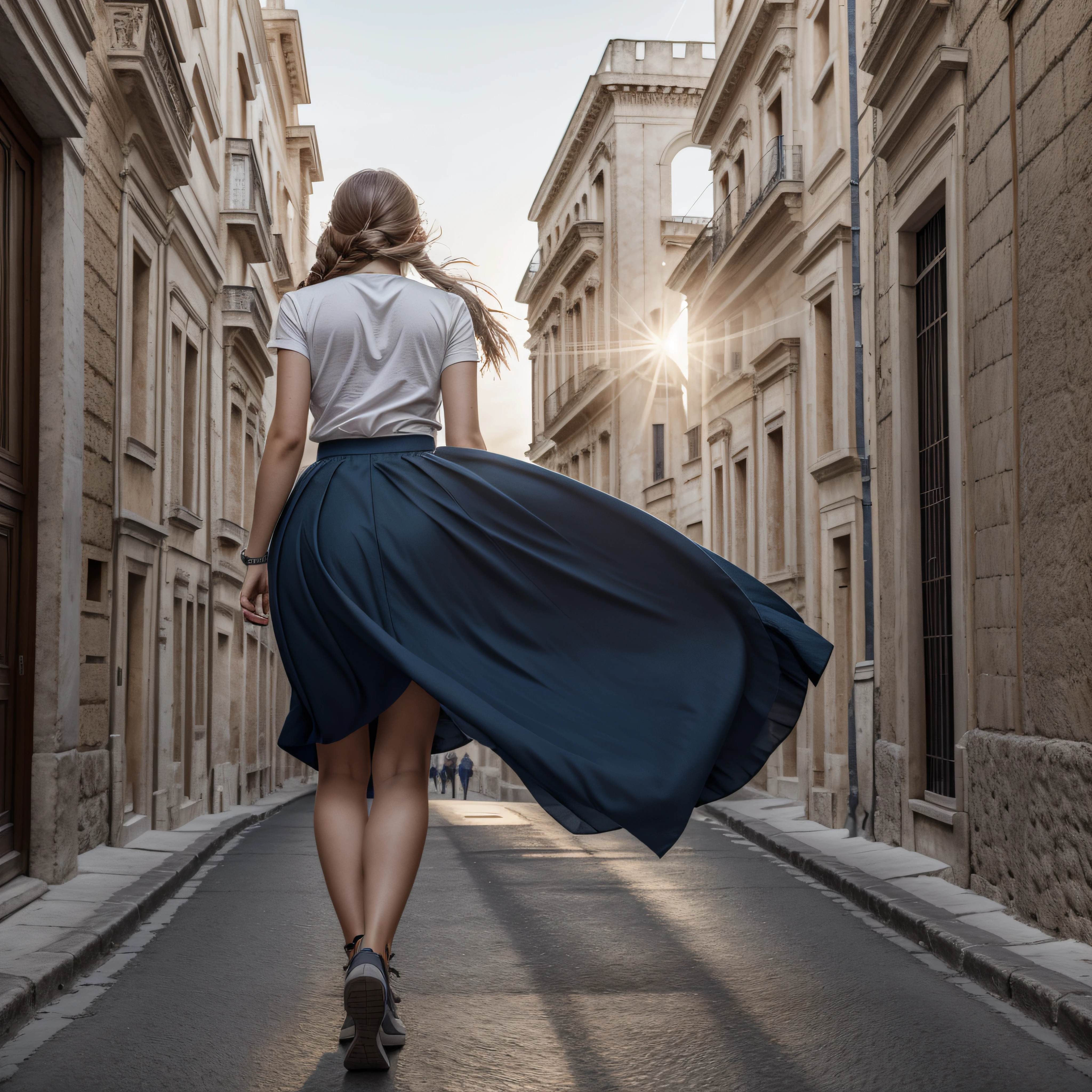 (YES NSFW), Girl wears a medium skirt, windyupskirt, wind moves skirt showing her perfect ass. ((extreme detail)), (ultra-detailed), best quality, ultra high res, (8k, RAW photo, masterpiece, realistic, photorealistic:1.4), 8k uhd, dslr, absurdres, ray tracing, high quality texture, intricate details, detailed texture, finely detailed. Photo of a girl. She runs. She runs down the streets of Matera. Outdoor in Sassi of Matera. Matera's Cathedral in background. Beautiful perfect face. smooth skin, real pores, from behind, looking back at the viewer, best quality, fine details, {{masterpiece, best quality, extremely detailed CG, unity 8k wallpaper, cinematic lighting, lens flare}}.