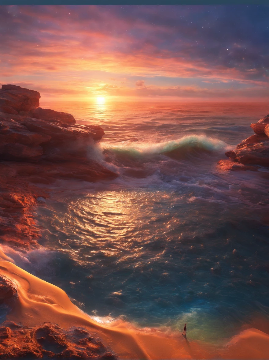 In the boundless expanse of the cosmos, "Cosmic Echoes" unveils a captivating vista – layers of undulating waves, from distant horizons to the forefront, bathed in a celestial, luminescent aura. This digital ocean of light, suspended in the silent blackness of the universe, invites us to explore its depths and contemplate the enigmatic stories it holds.