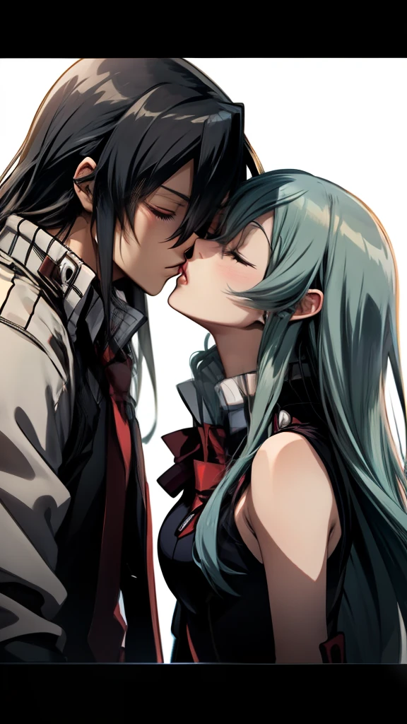 Akame (akame ga kill), closed eyes, puckered lips for a kiss, looking at the viewer