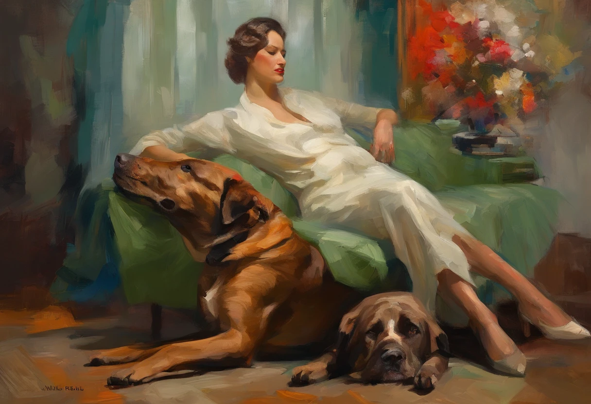 A painting of a woman with her eyes closed, dog sleeping next to her, 1930s ((golden ratio}} laying on the sofa after a long night on the town, a sensual painting, a Beautiful expressive painting, Wadim Kashin. Ultra photo realism, Louise Ross, digital painting art, Perceptual digital painting, Stylish digital painting, Bonito painting, glossy digital painting, beautiful digital painting, digital art painting, Fine paintings, ((Rod acrylic paint)).