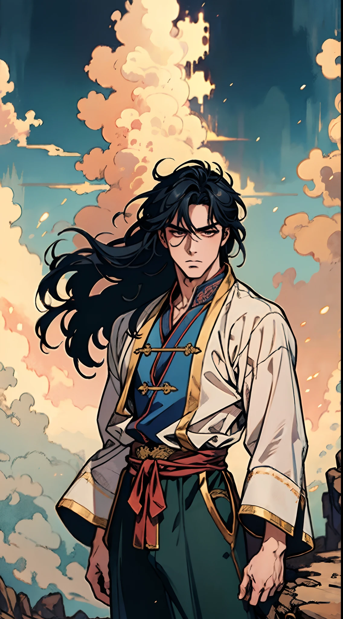A man with disheveled long hair, a cascade of unruly locks, a handsome countenance, a carefree expression, tall and slender, wears a light-colored Chinese-style undershirt, over which he layers a loose dark-colored long daoist robe, long and wide sleeves, wears dark pants, surrounded by colorful clouds and mist, stands amidst a colorful sea of clouds and mist, this character embodies a finely crafted fantasy-style Chinese martial artist character in anime style, characterized by an exquisite and mature manga illustration art style, high definition, best quality, highres, ultra-detailed, ultra-fine painting, extremely delicate, professional, anatomically correct, symmetrical face, extremely detailed eyes and face, high quality eyes, creativity, RAW photo, UHD, 8k, Natural light, cinematic lighting, masterpiece:1.5