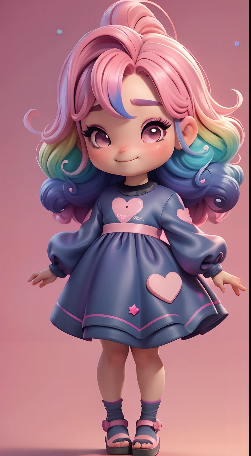 Uma  chibi, vestido rosa, cabelos grandes, Rainbow hair colors, sapatilhas, pink hair bow, Glitter, sorrir,